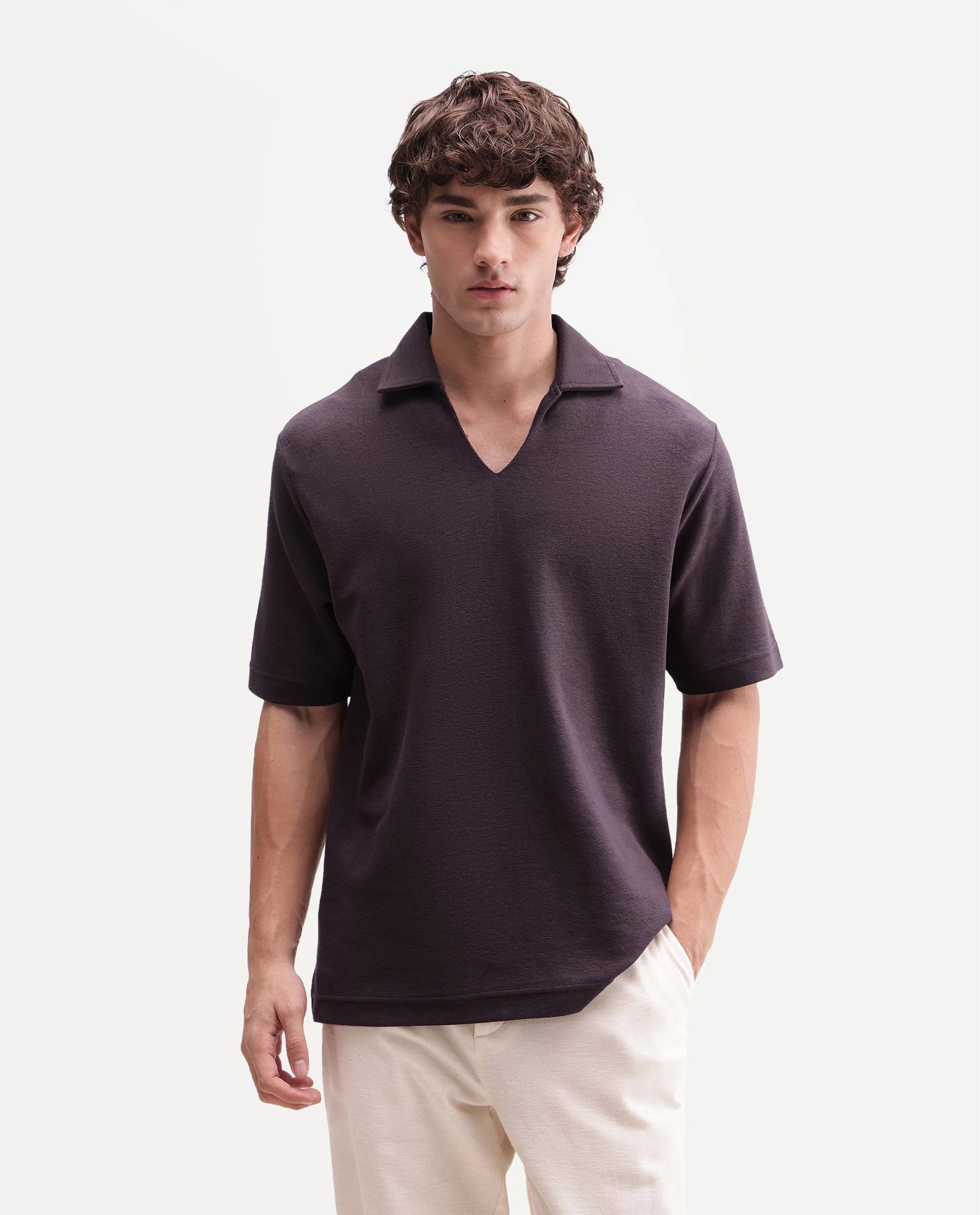 Rare Rabbit Men's Jawal-A26 Dusky Purple Cotton Blend Johnny Collar Regular Plain Polo