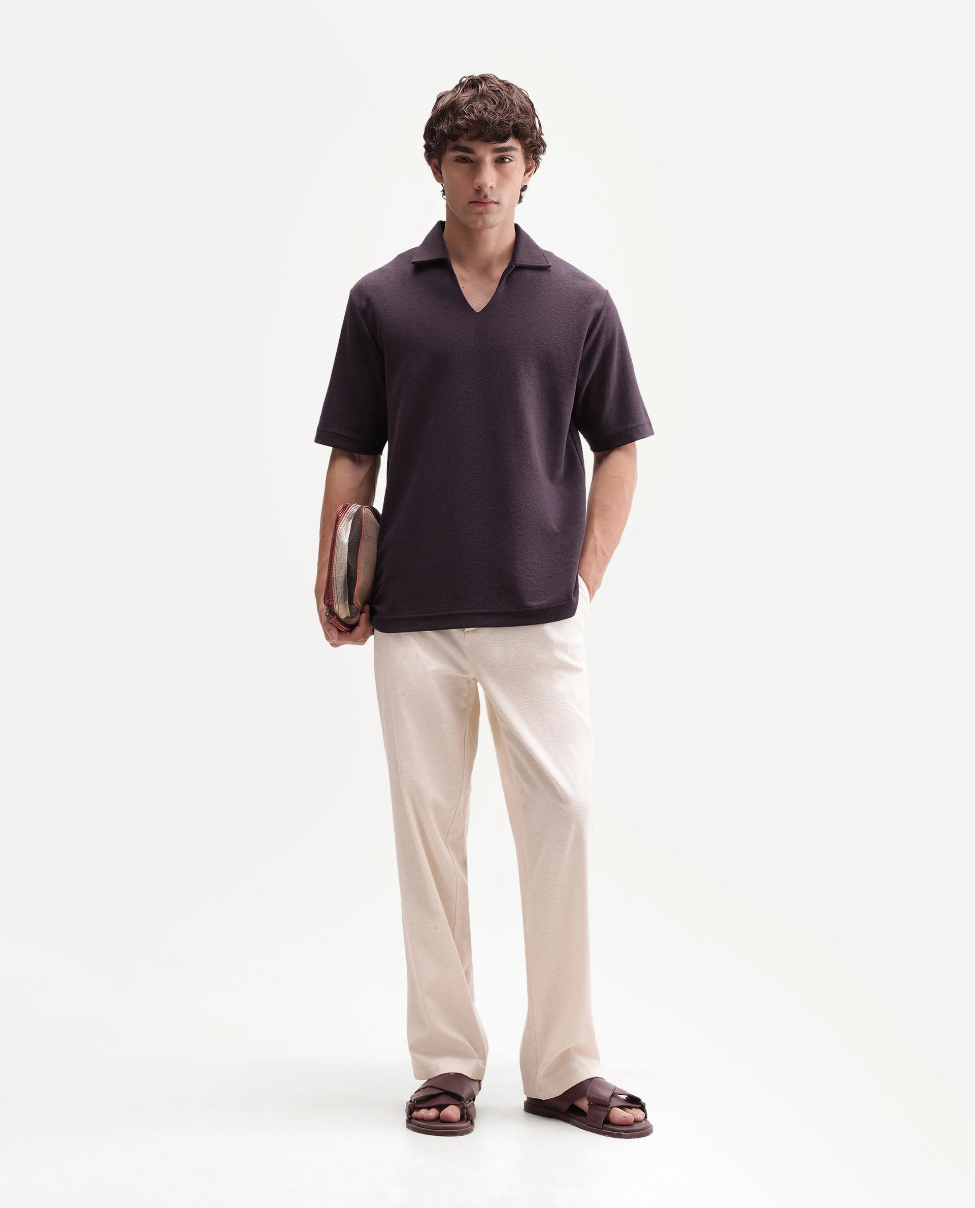 Rare Rabbit Men's Jawal-A26 Dusky Purple Cotton Blend Johnny Collar Regular Plain Polo