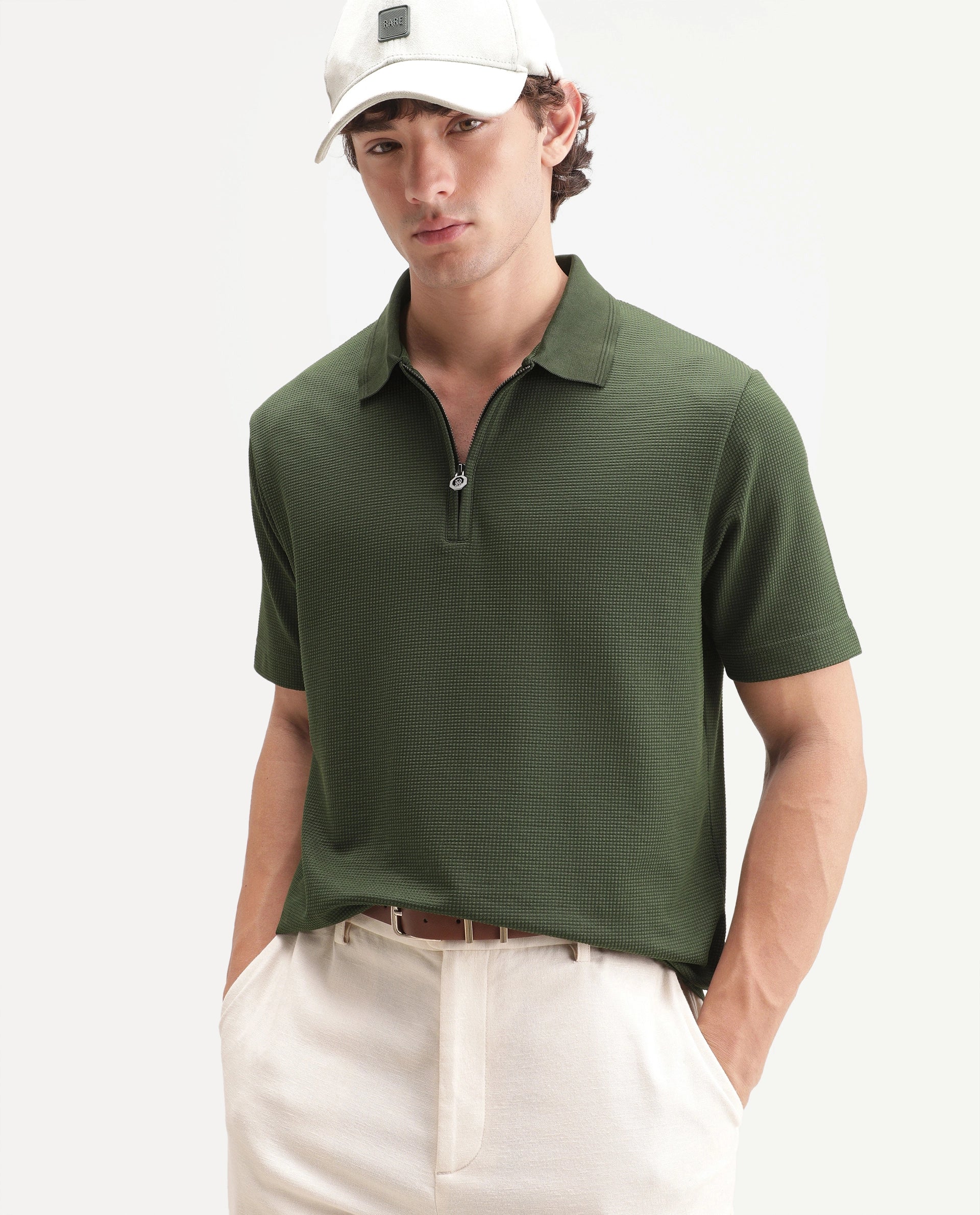 Rare Rabbit Men's Arto Green Polyester Blend Spread Collar Regular Plain Polo