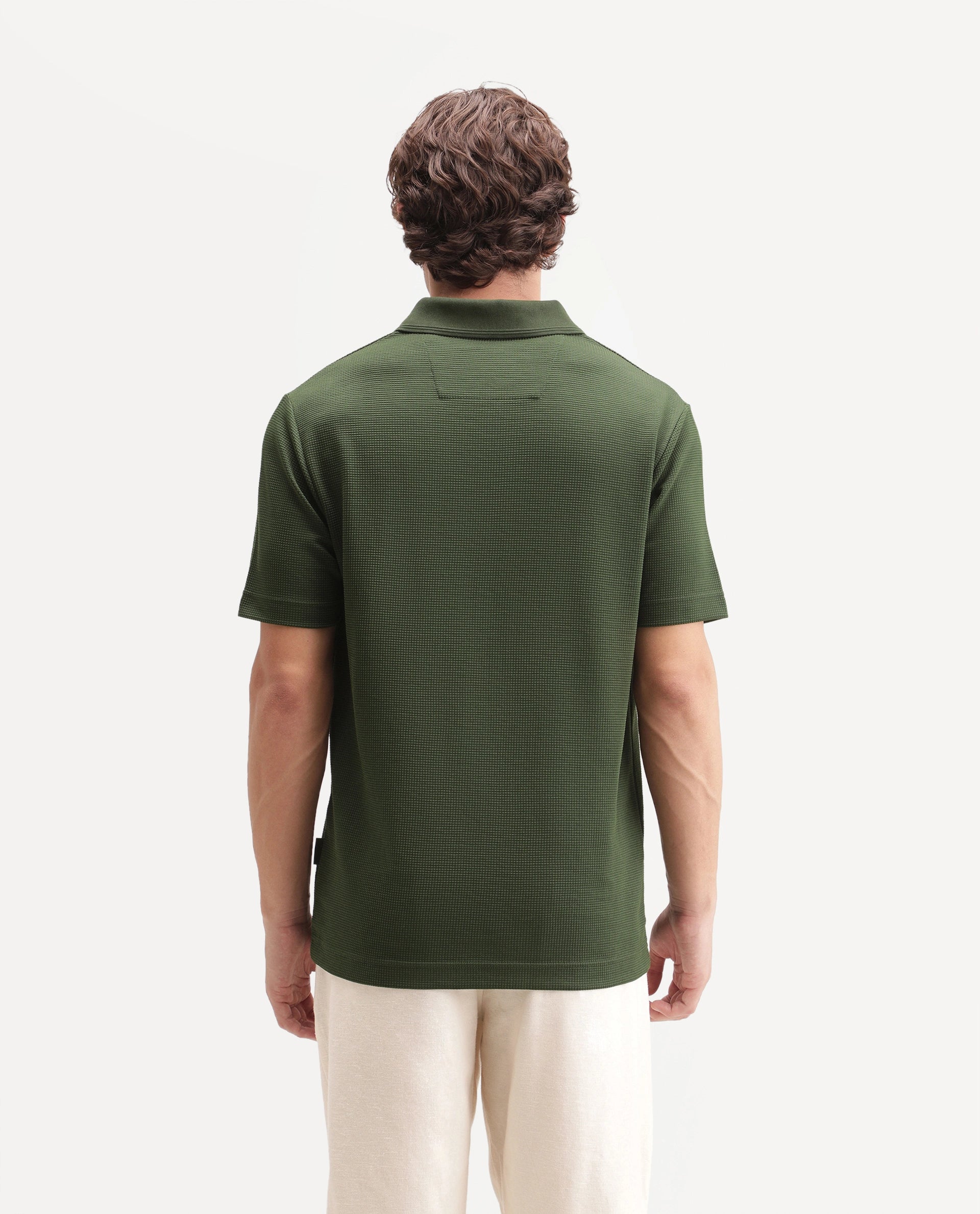 Rare Rabbit Men's Arto Green Polyester Blend Spread Collar Regular Plain Polo