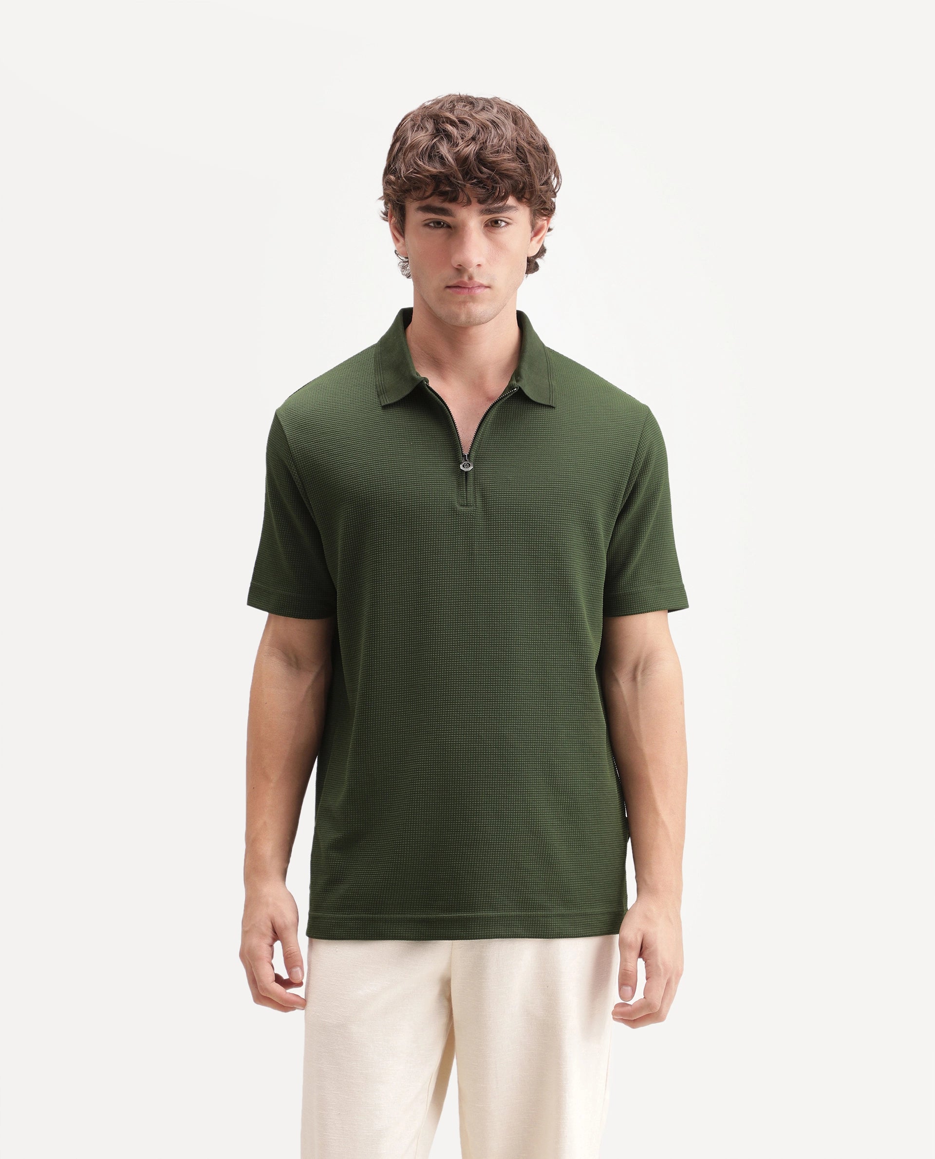 Rare Rabbit Men's Arto Green Polyester Blend Spread Collar Regular Plain Polo