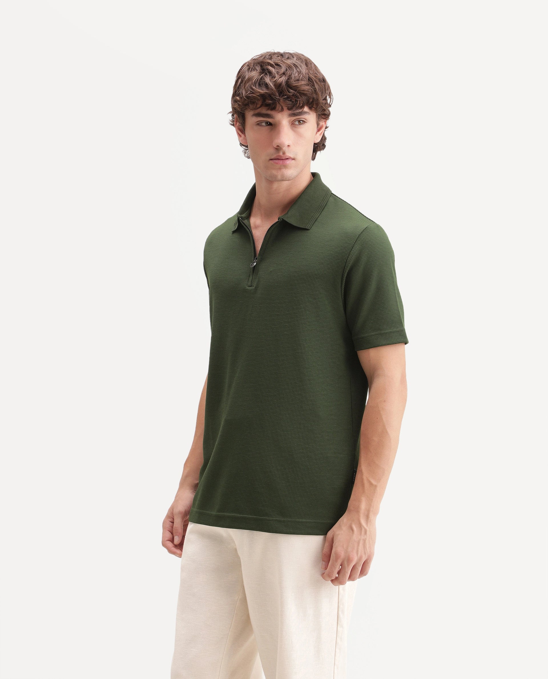Rare Rabbit Men's Arto Green Polyester Blend Spread Collar Regular Plain Polo