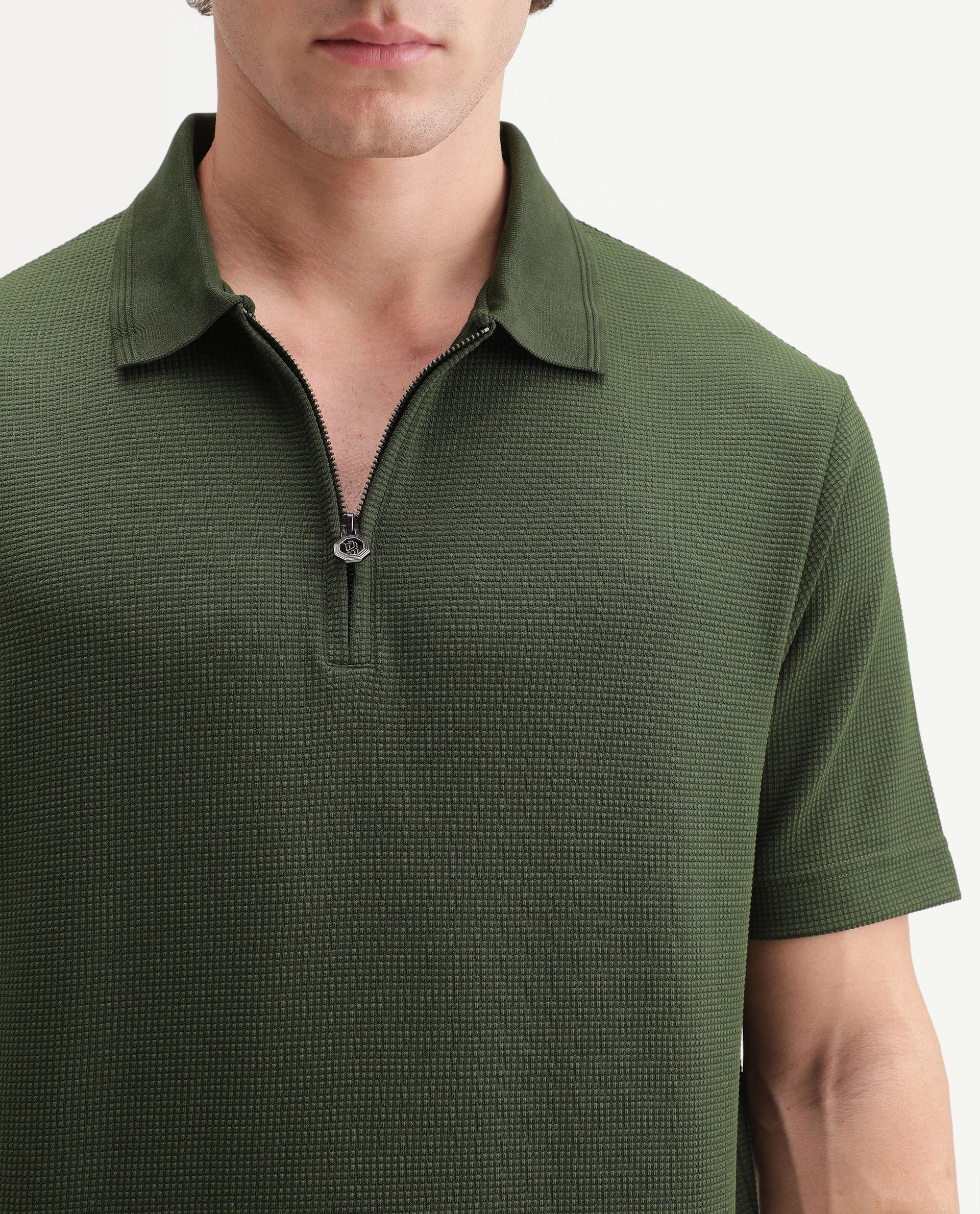 Rare Rabbit Men's Arto Green Polyester Blend Spread Collar Regular Plain Polo