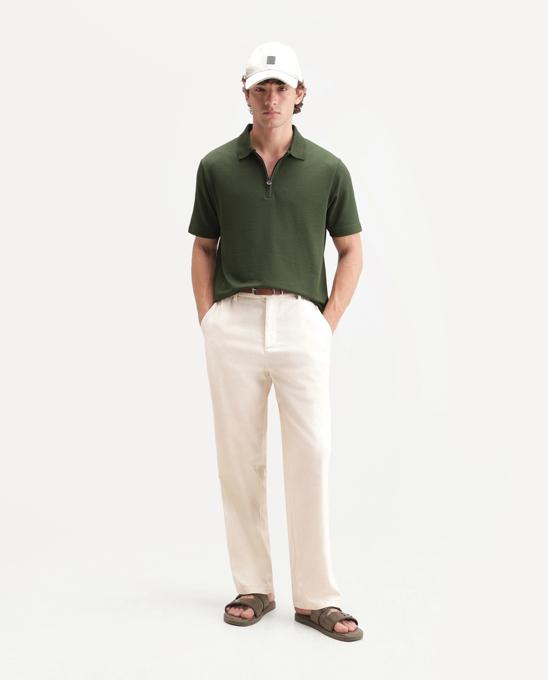 Rare Rabbit Men's Arto Green Polyester Blend Spread Collar Regular Plain Polo