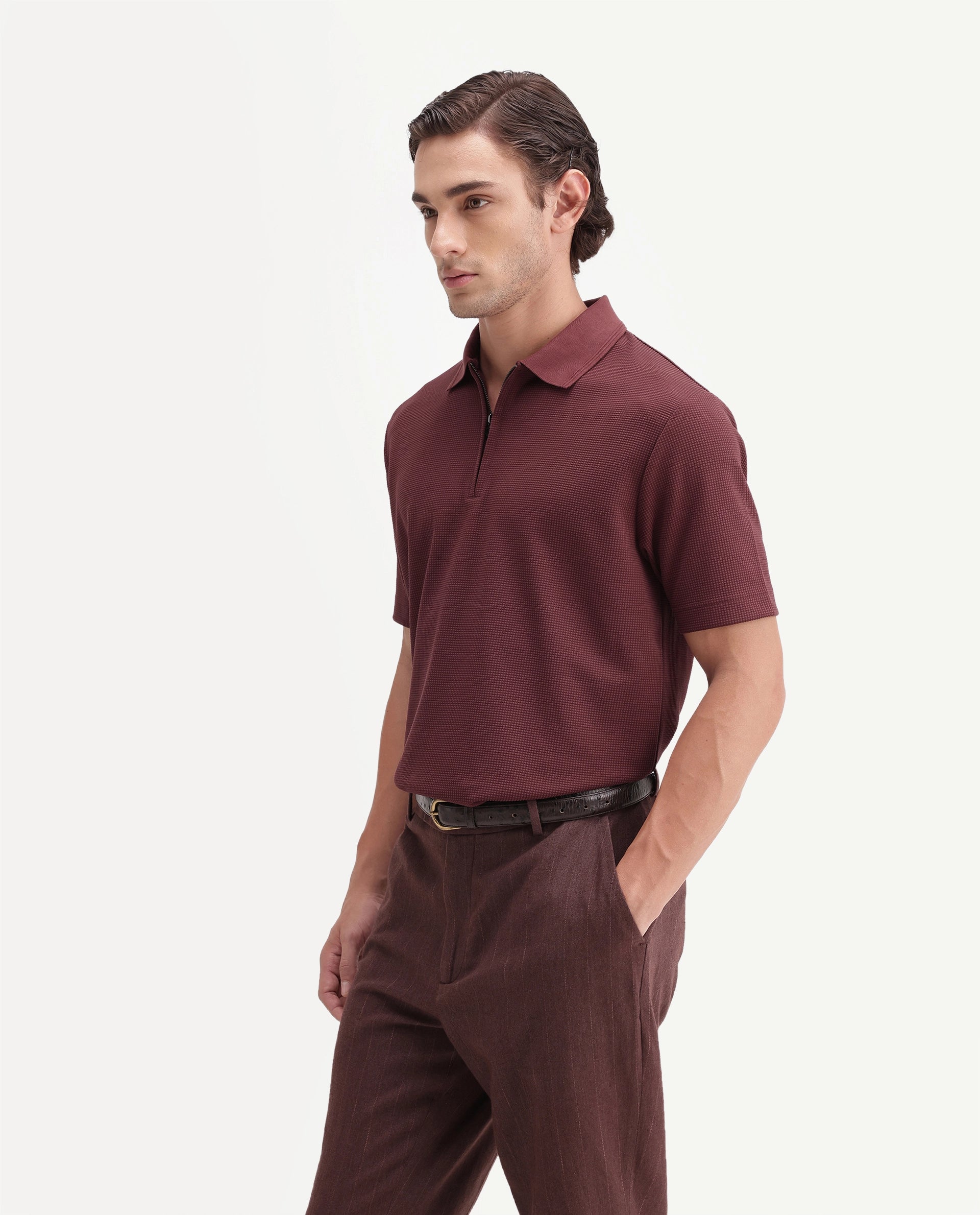 Rare Rabbit Men's Arto Brown Polyester Blend Spread Collar Regular Plain Polo