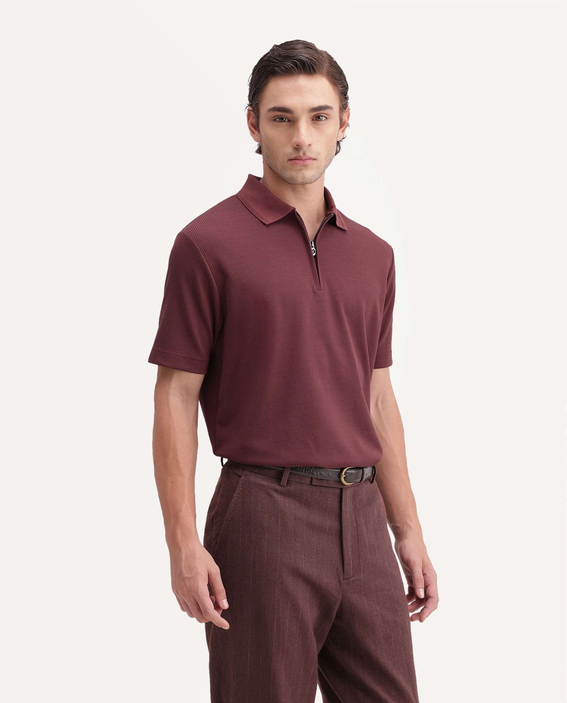 Rare Rabbit Men's Arto Brown Polyester Blend Spread Collar Regular Plain Polo