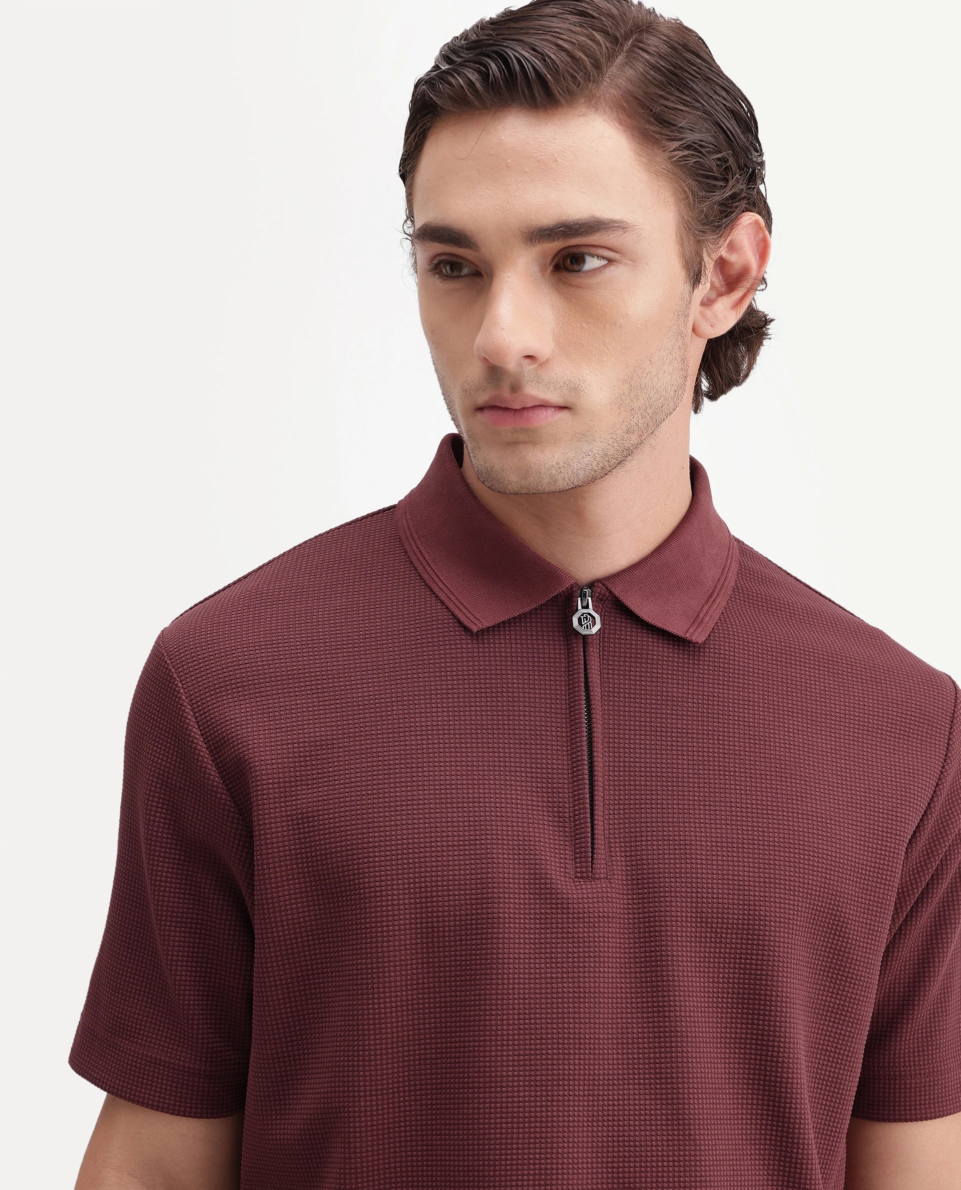 Rare Rabbit Men's Arto Brown Polyester Blend Spread Collar Regular Plain Polo