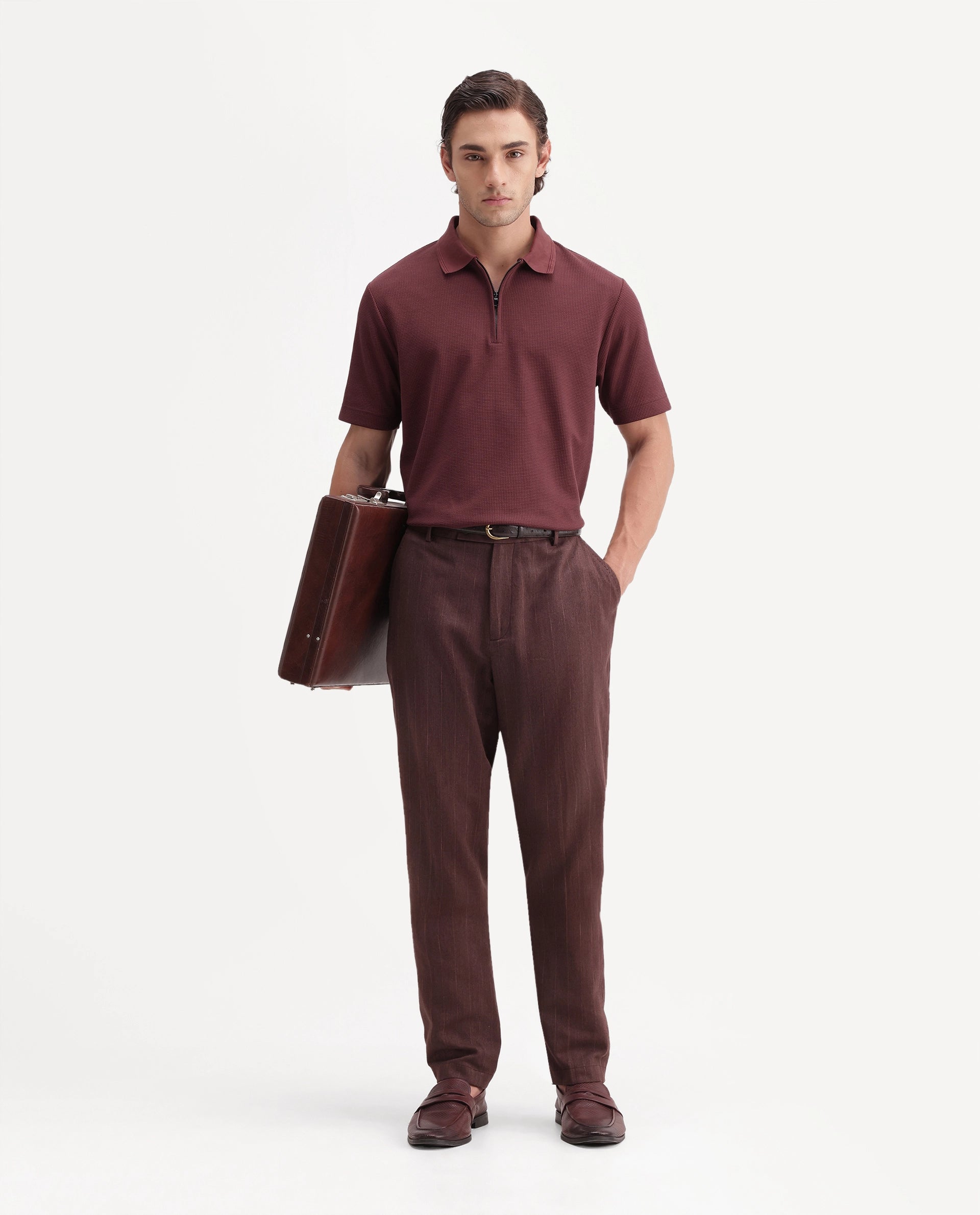 Rare Rabbit Men's Arto Brown Polyester Blend Spread Collar Regular Plain Polo