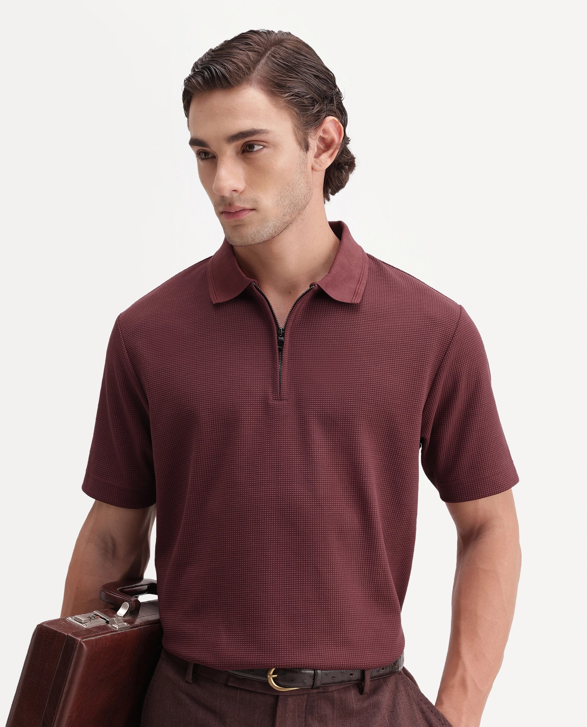 Rare Rabbit Men's Arto Brown Polyester Blend Spread Collar Regular Plain Polo