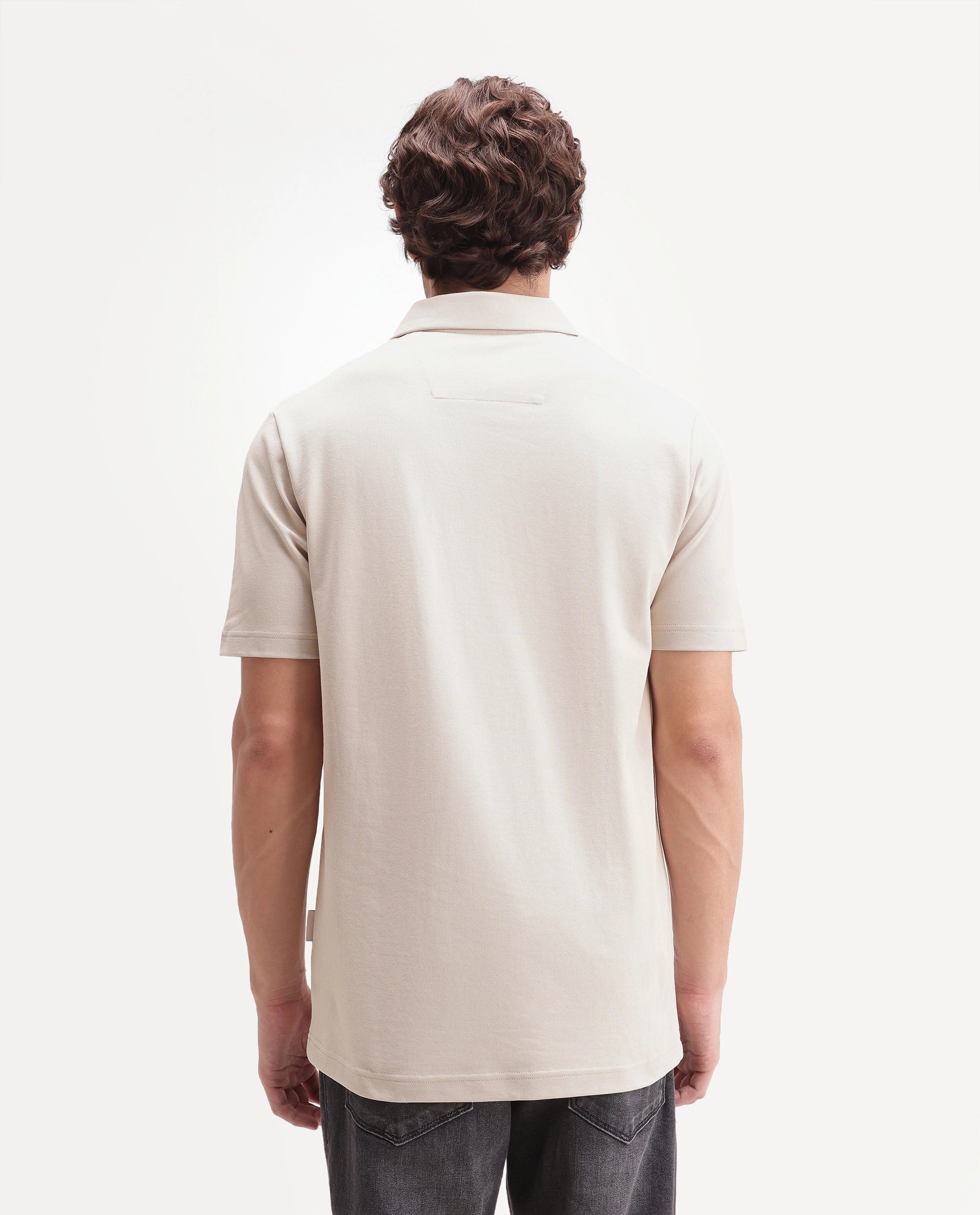 Rare Rabbit Men's Zeni-A26 Beige Cotton Blend Spread Collar Regular Plain Polo