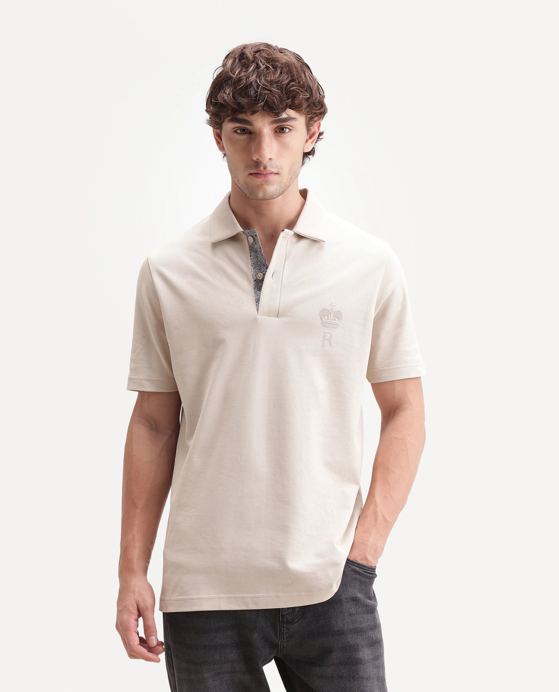 Rare Rabbit Men's Zeni-A26 Beige Cotton Blend Spread Collar Regular Plain Polo