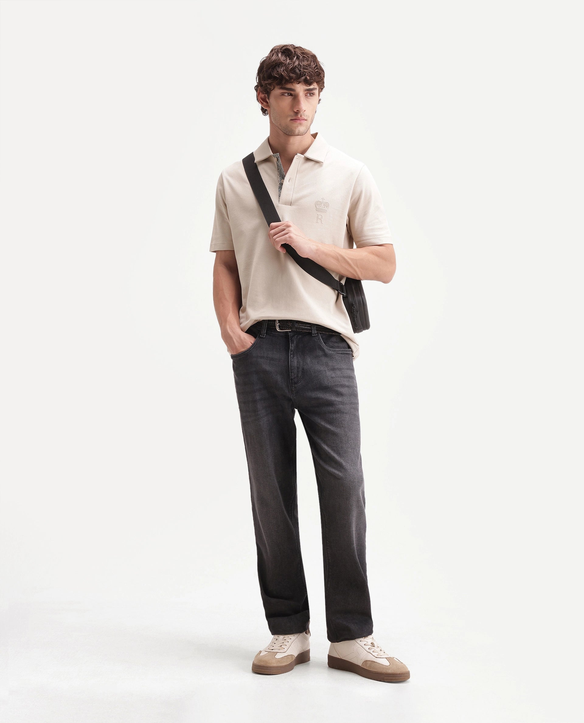 Rare Rabbit Men's Zeni-A26 Beige Cotton Blend Spread Collar Regular Plain Polo
