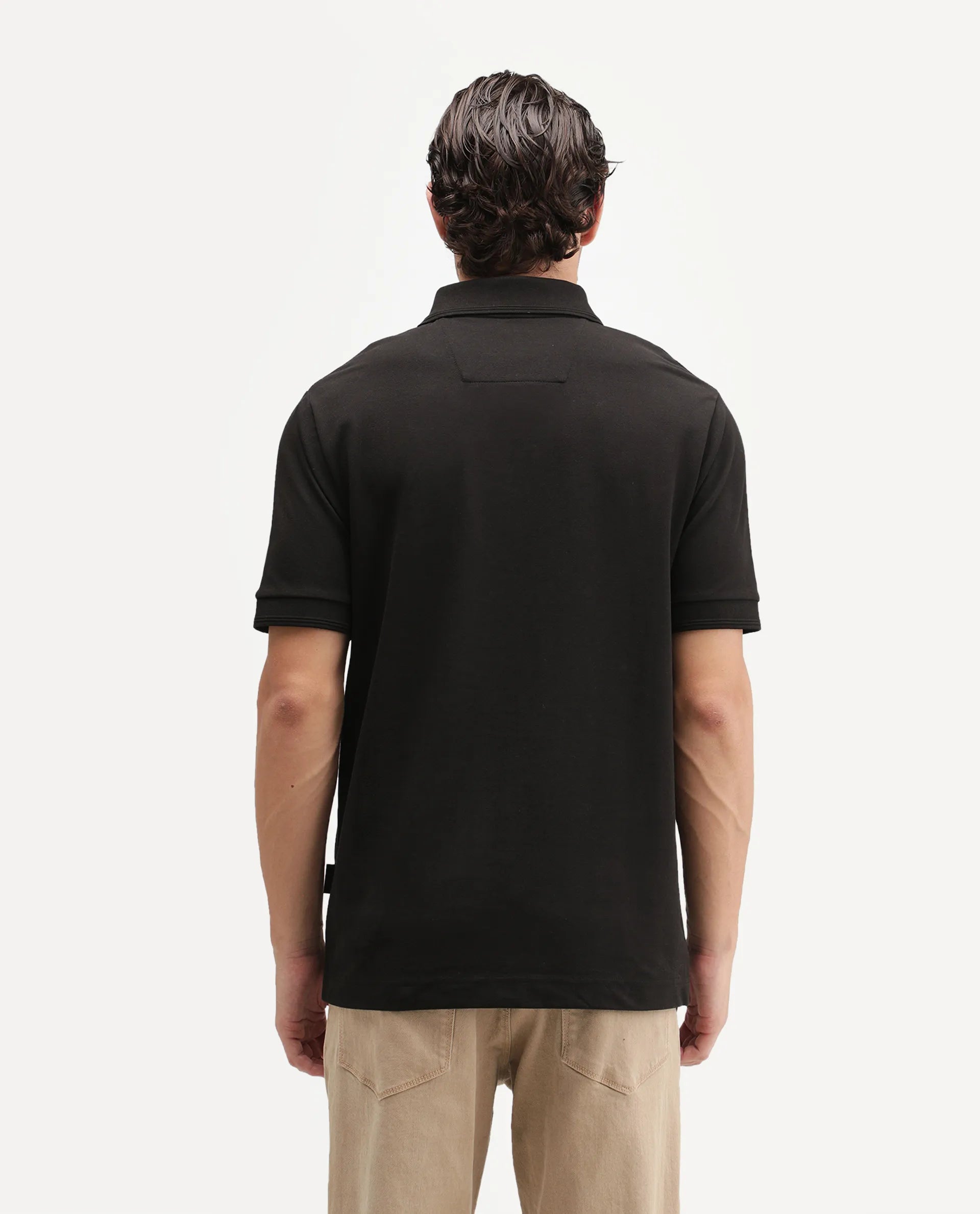 Rare Rabbit Men's Remo-A26 Black Cotton Blend Spread Collar Regular Plain Polo