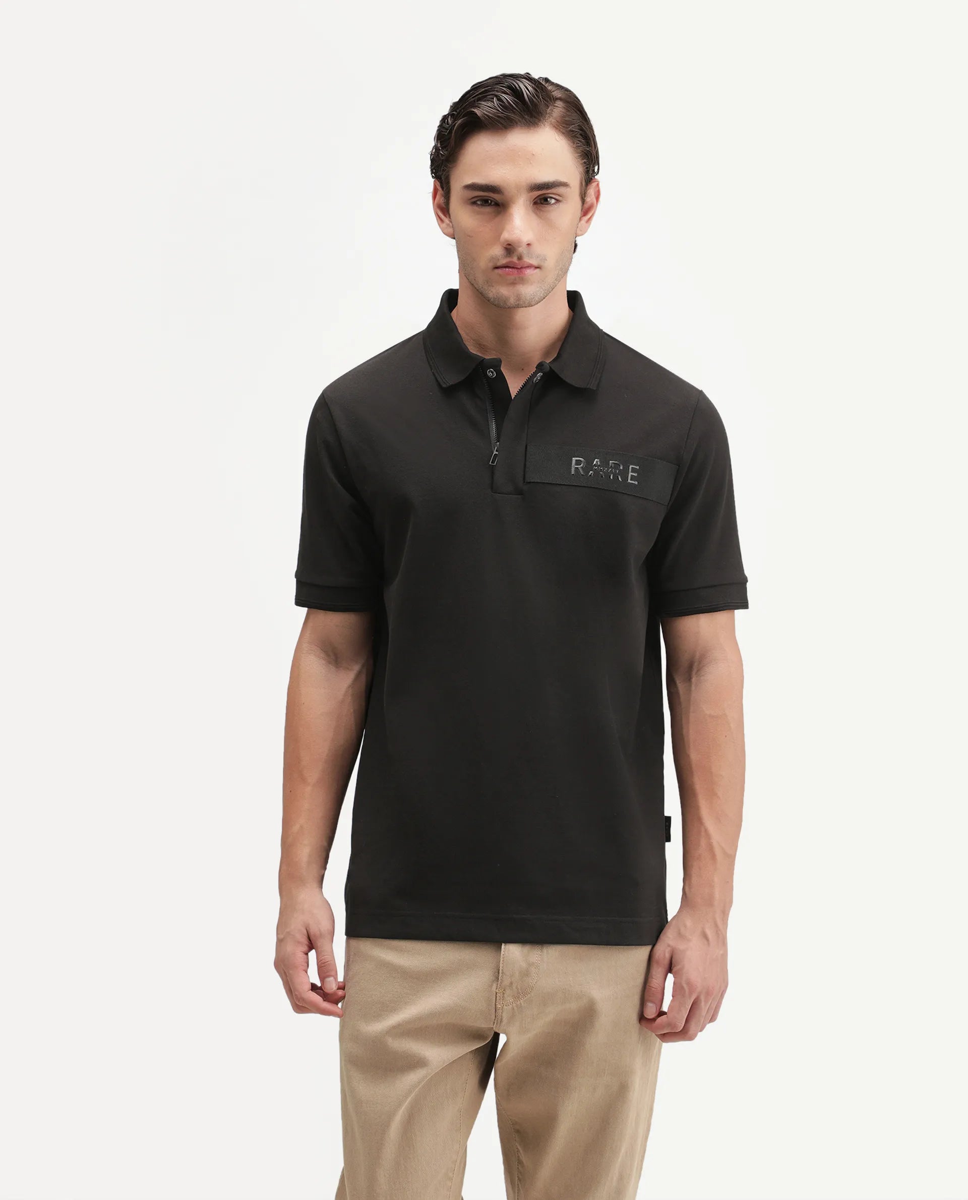 Rare Rabbit Men's Remo-A26 Black Cotton Blend Spread Collar Regular Plain Polo