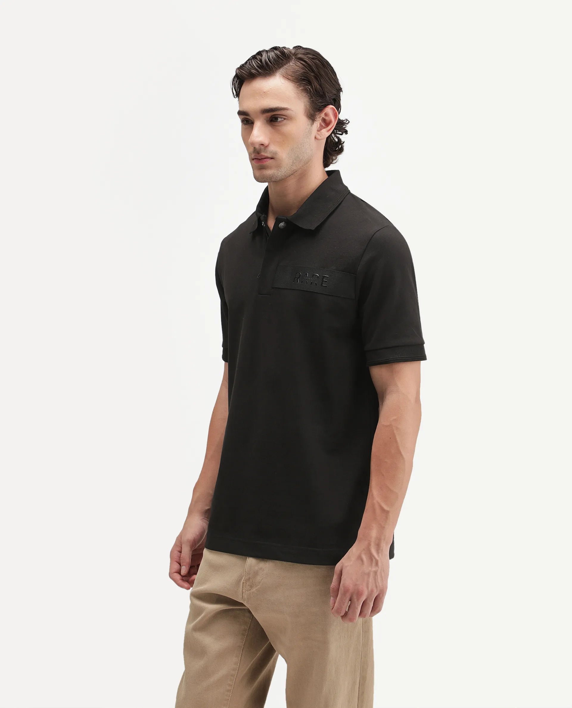 Rare Rabbit Men's Remo-A26 Black Cotton Blend Spread Collar Regular Plain Polo