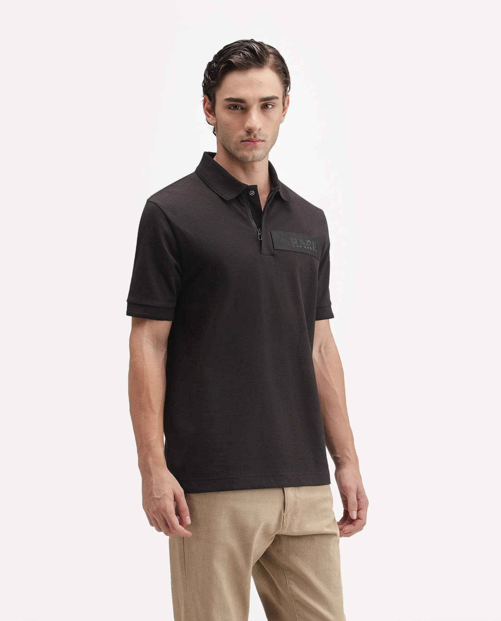 Rare Rabbit Men's Remo-A26 Black Cotton Blend Spread Collar Regular Plain Polo