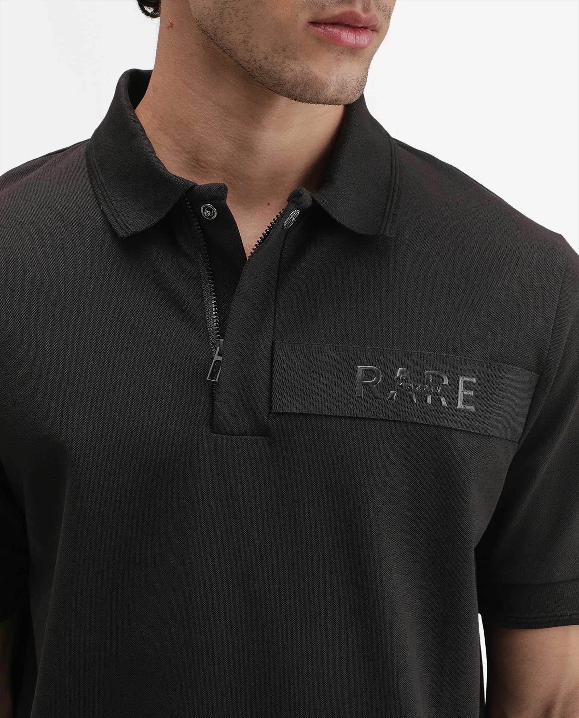 Rare Rabbit Men's Remo-A26 Black Cotton Blend Spread Collar Regular Plain Polo