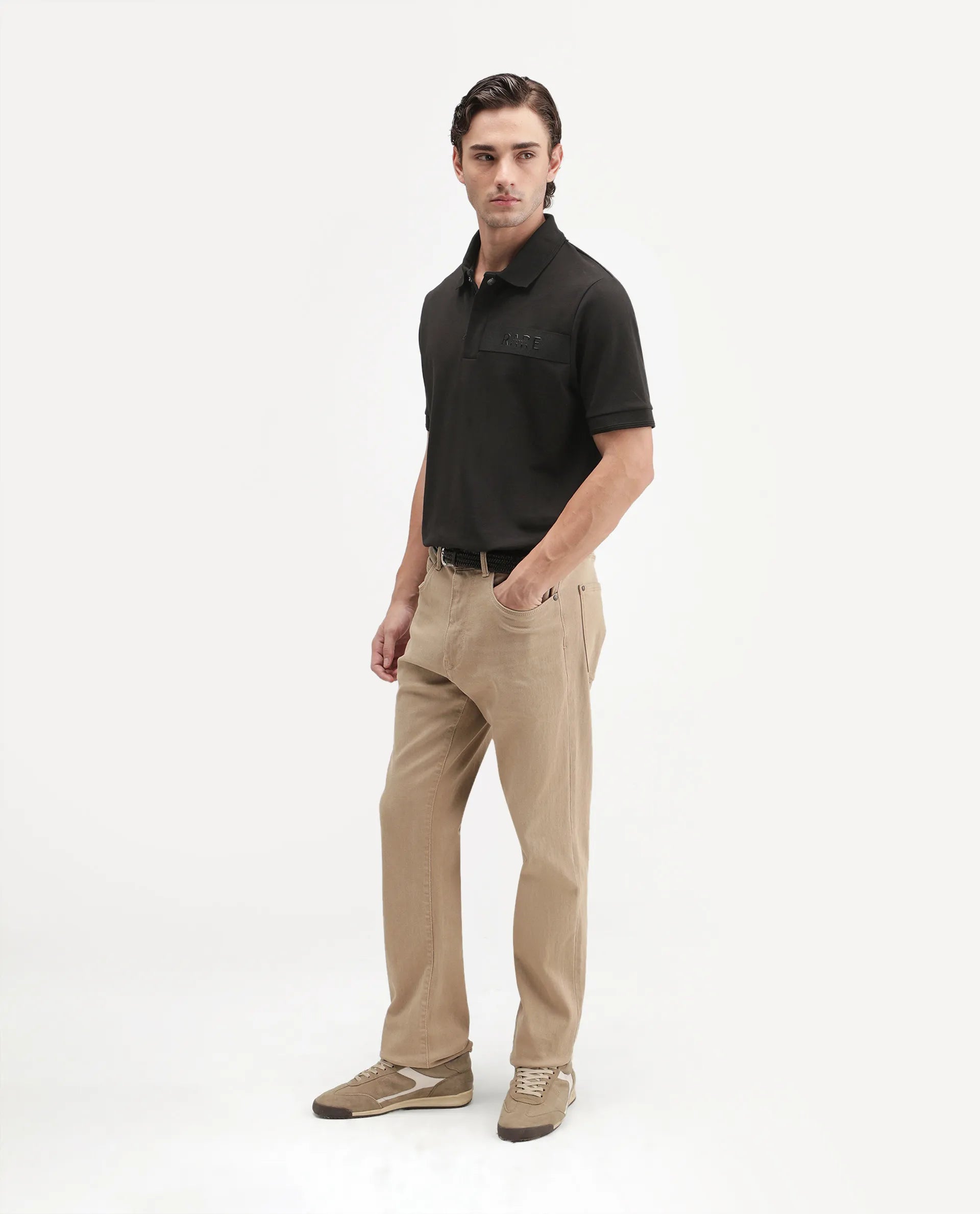 Rare Rabbit Men's Remo-A26 Black Cotton Blend Spread Collar Regular Plain Polo