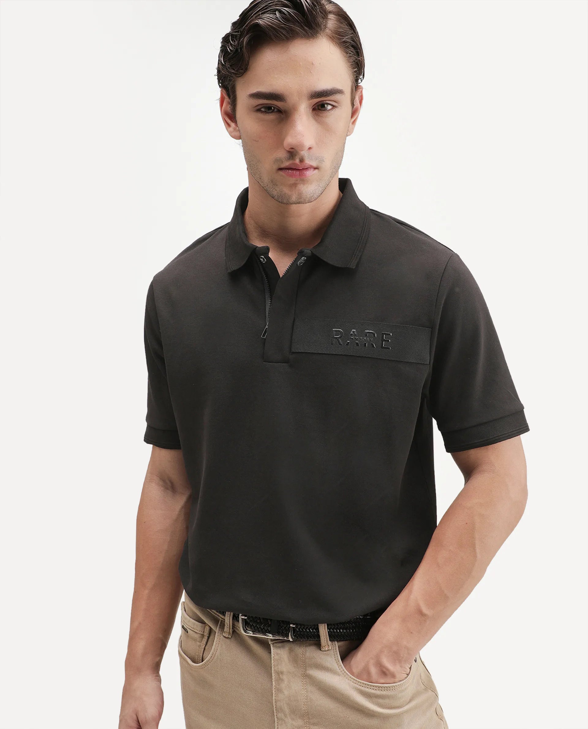 Rare Rabbit Men's Remo-A26 Black Cotton Blend Spread Collar Regular Plain Polo