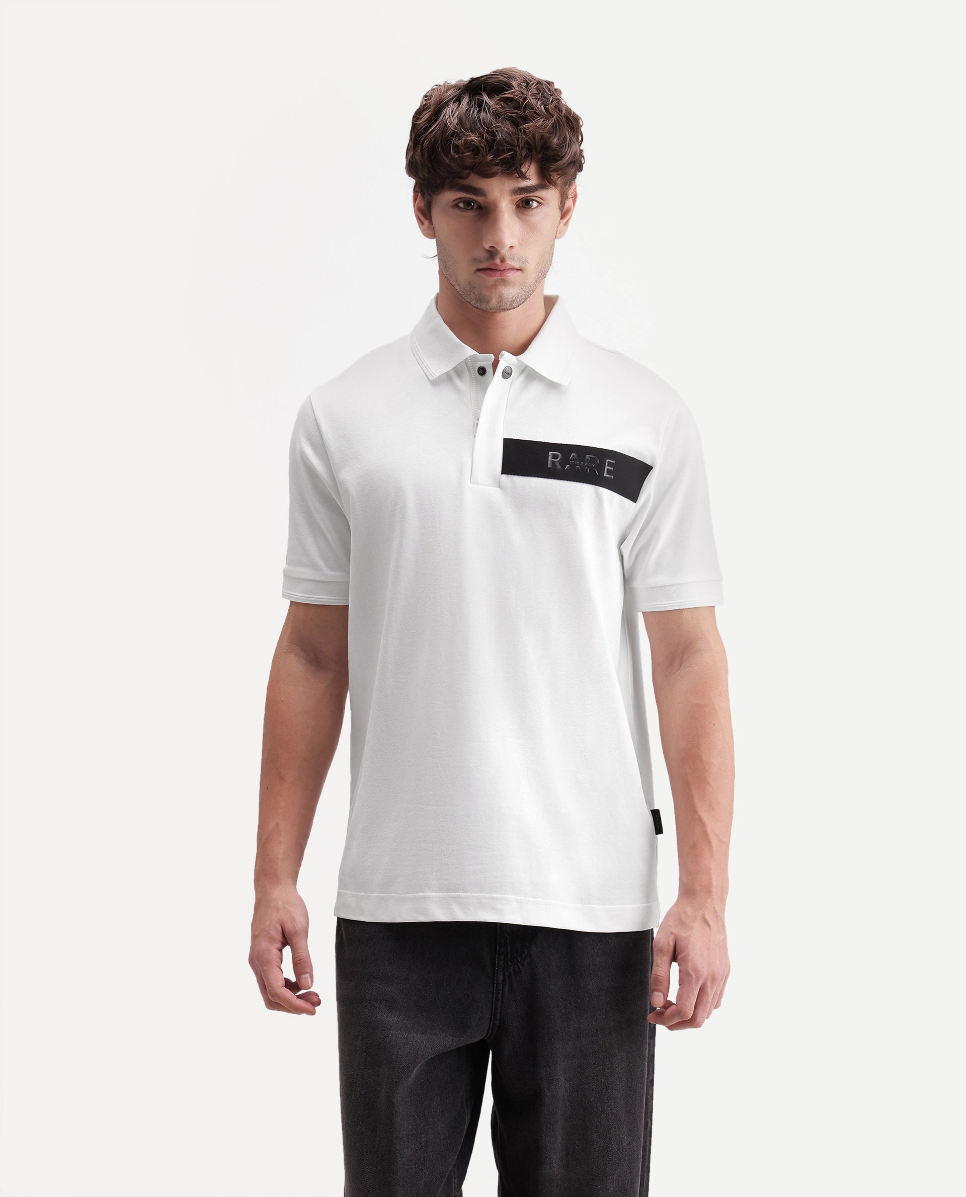 Rare Rabbit Men's Remo-A26 White Cotton Blend Spread Collar Regular Plain Polo