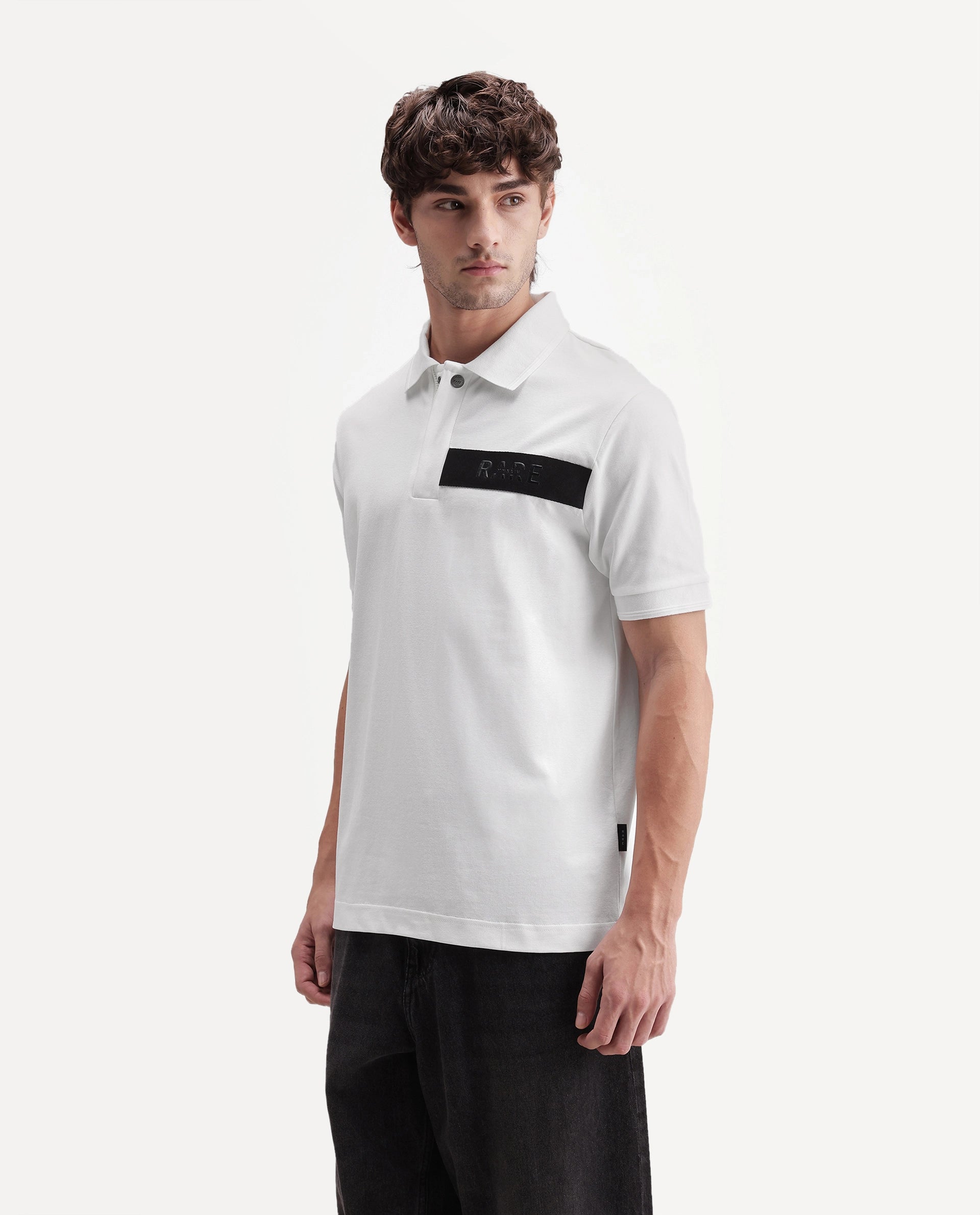 Rare Rabbit Men's Remo-A26 White Cotton Blend Spread Collar Regular Plain Polo