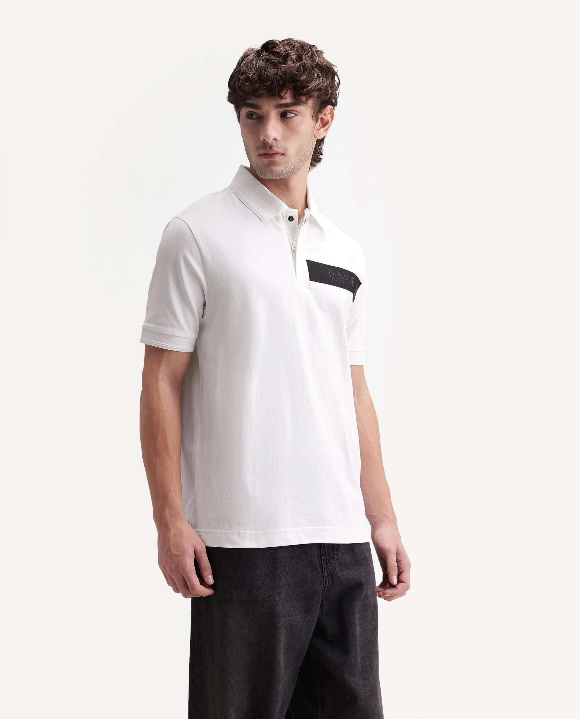 Rare Rabbit Men's Remo-A26 White Cotton Blend Spread Collar Regular Plain Polo