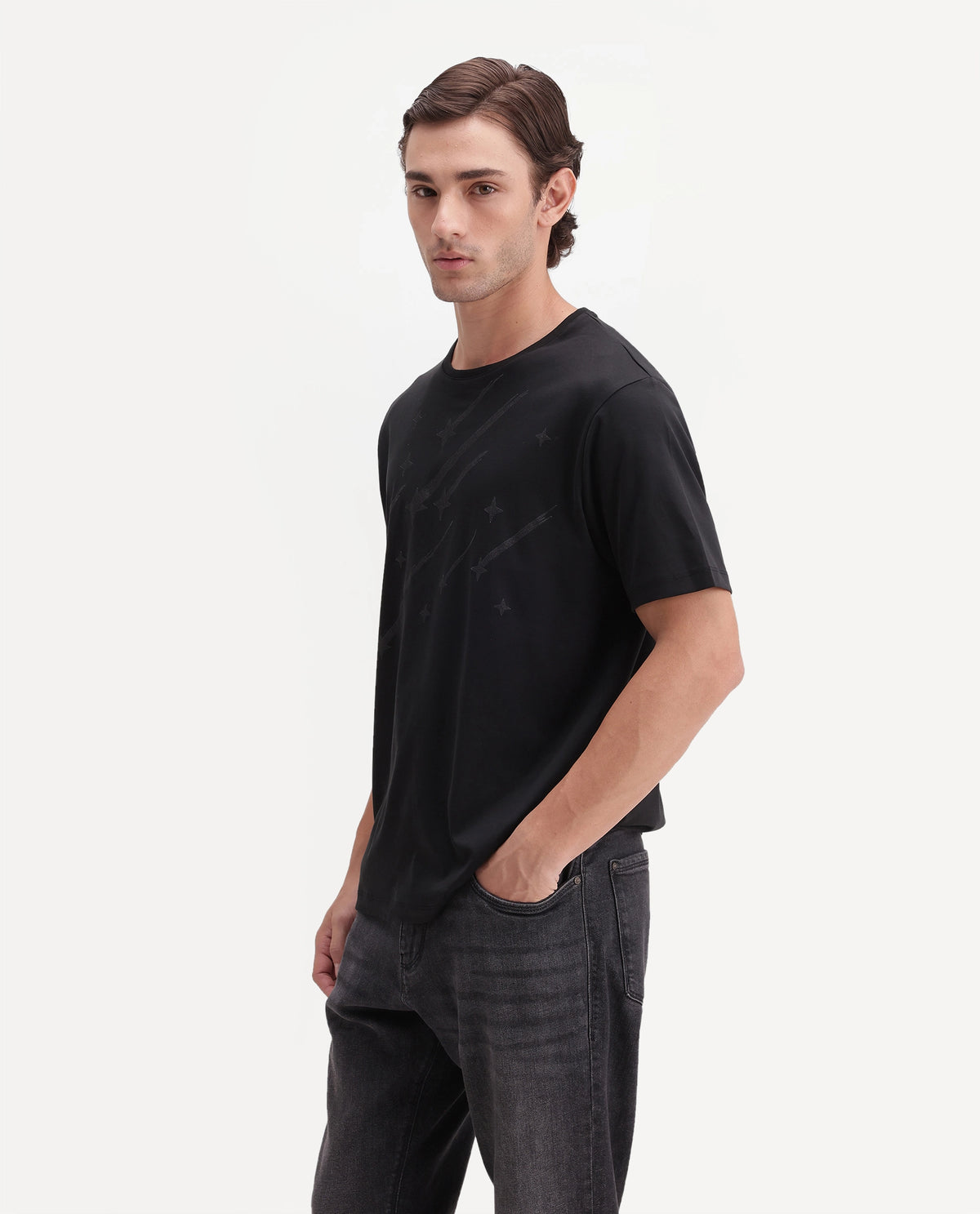 Rare Rabbit Men's Comet Black Cotton Crew Neck Regular Graphic Print T-Shirt