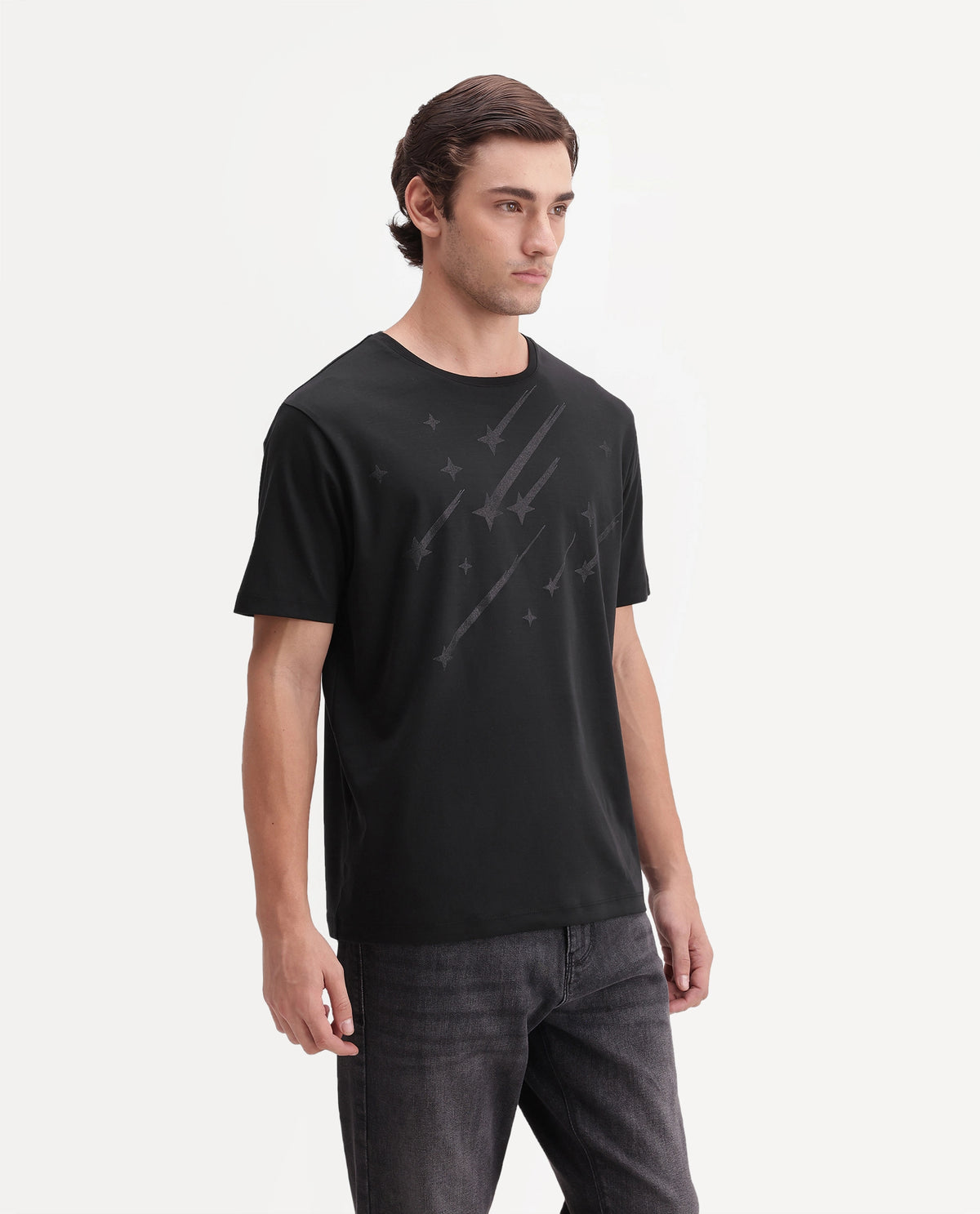 Rare Rabbit Men's Comet Black Cotton Crew Neck Regular Graphic Print T-Shirt