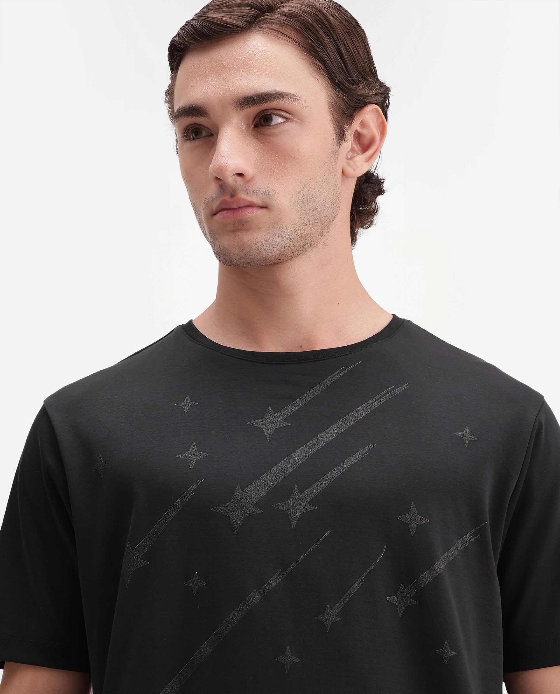 Rare Rabbit Men's Comet Black Cotton Crew Neck Regular Graphic Print T-Shirt