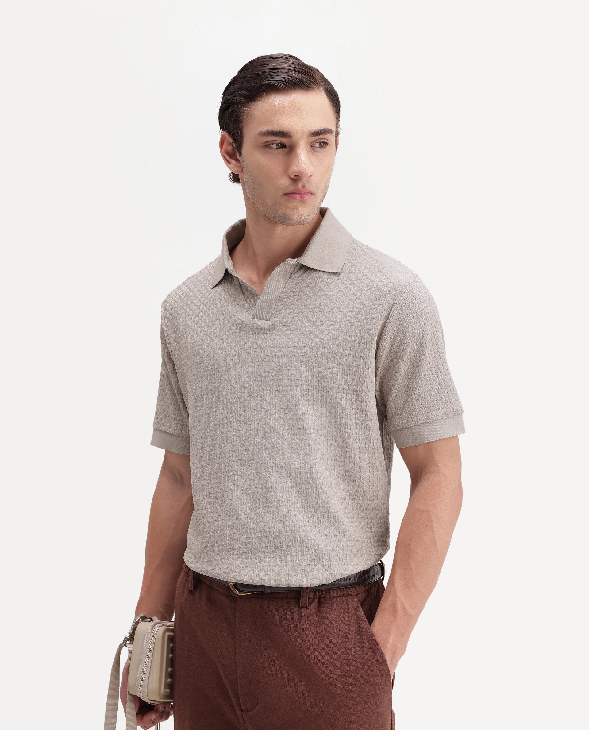 Rare Rabbit Men's Zegon Beige Cotton Johnny Collar Regular Jacquard Polo