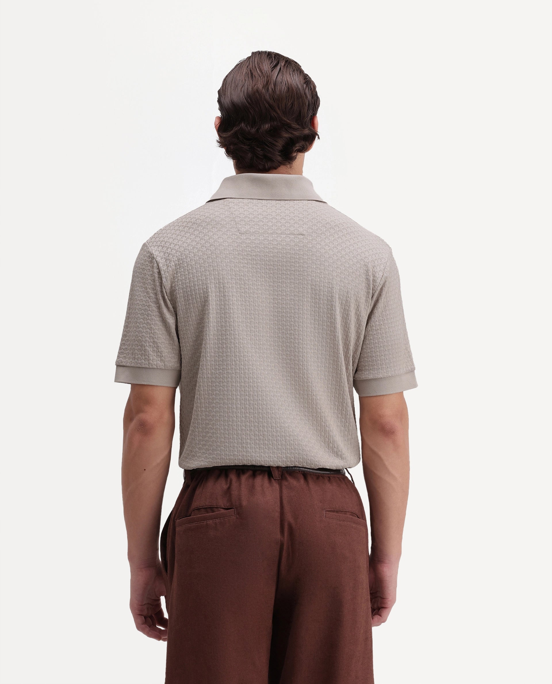 Rare Rabbit Men's Zegon Beige Cotton Johnny Collar Regular Jacquard Polo