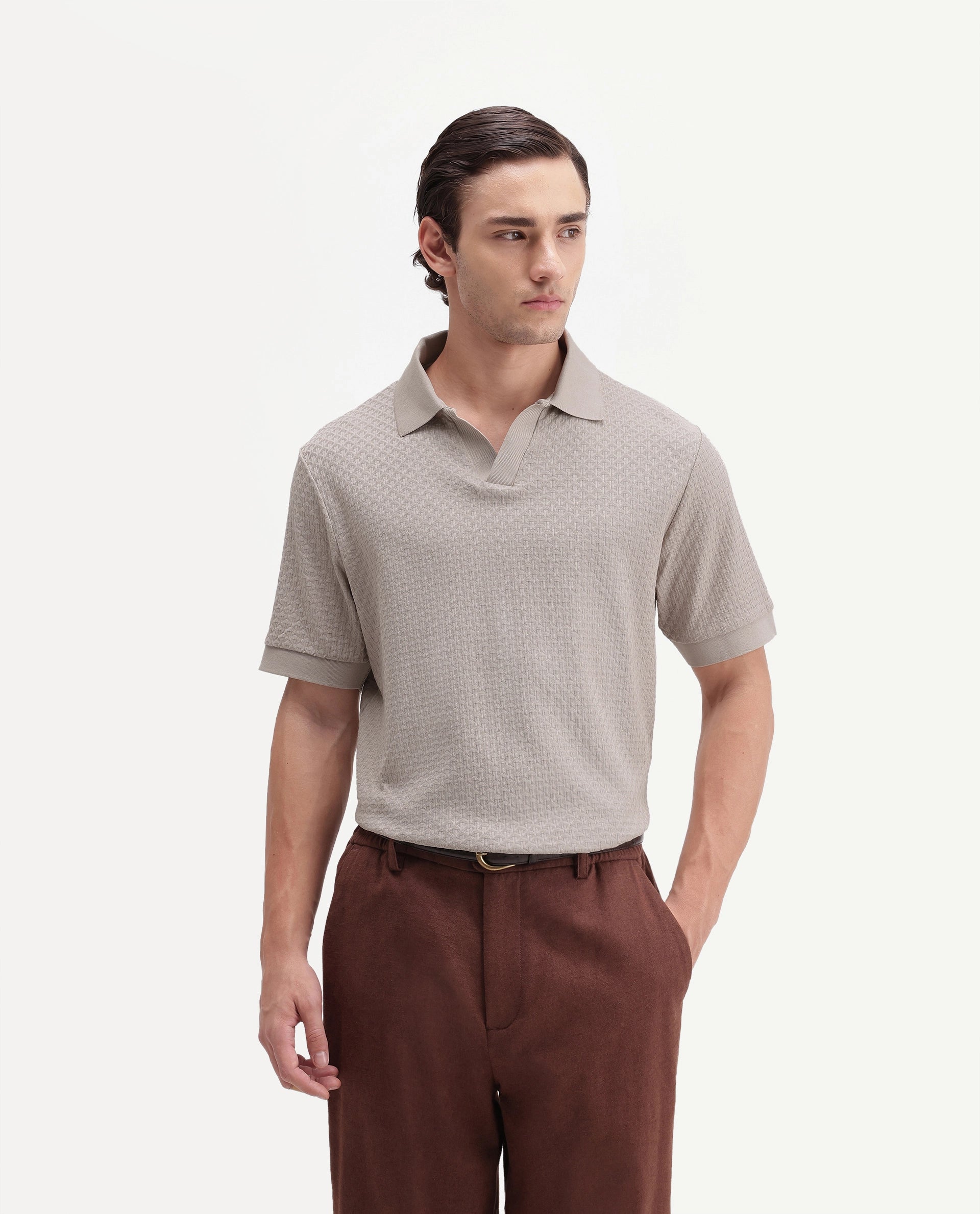 Rare Rabbit Men's Zegon Beige Cotton Johnny Collar Regular Jacquard Polo