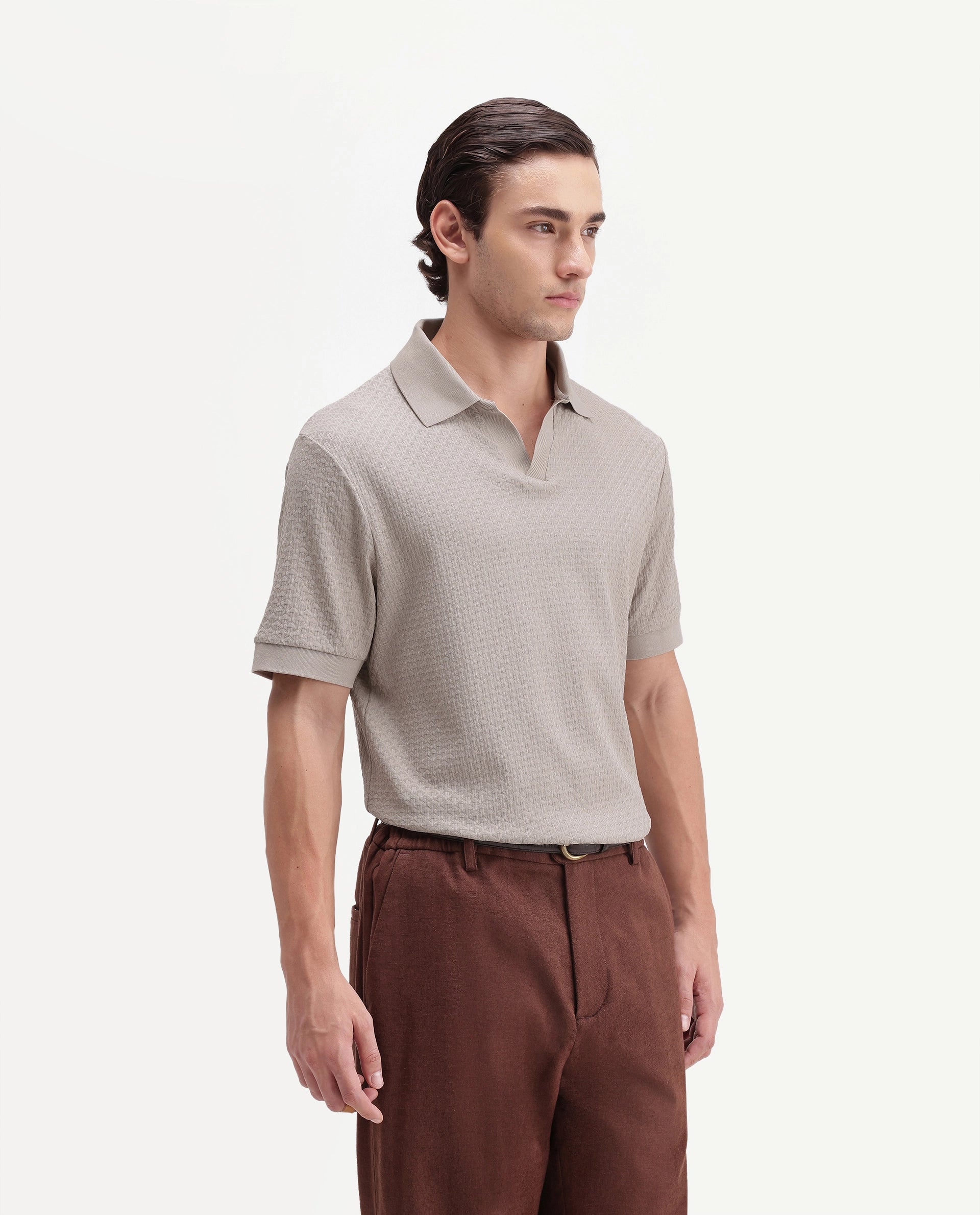 Rare Rabbit Men's Zegon Beige Cotton Johnny Collar Regular Jacquard Polo
