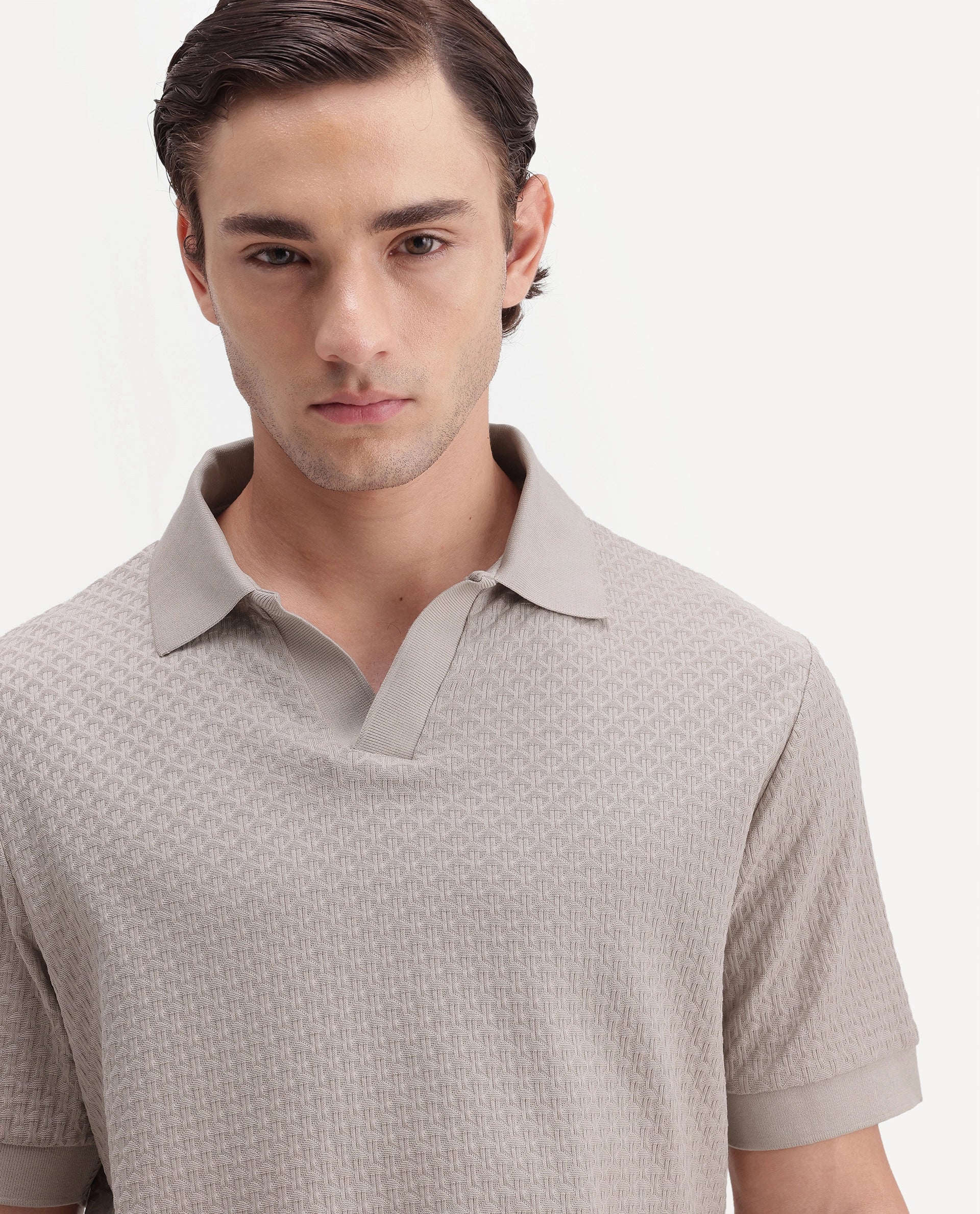 Rare Rabbit Men's Zegon Beige Cotton Johnny Collar Regular Jacquard Polo