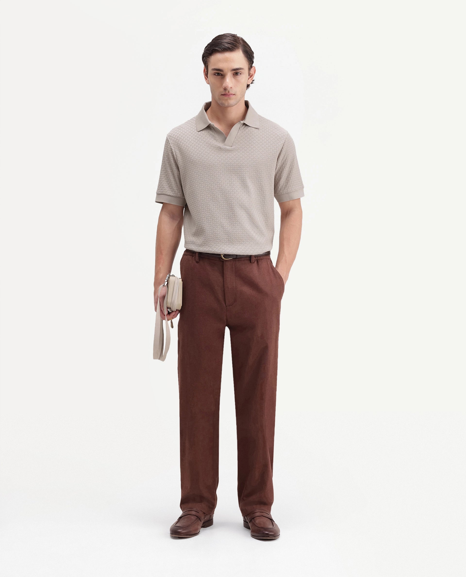 Rare Rabbit Men's Zegon Beige Cotton Johnny Collar Regular Jacquard Polo