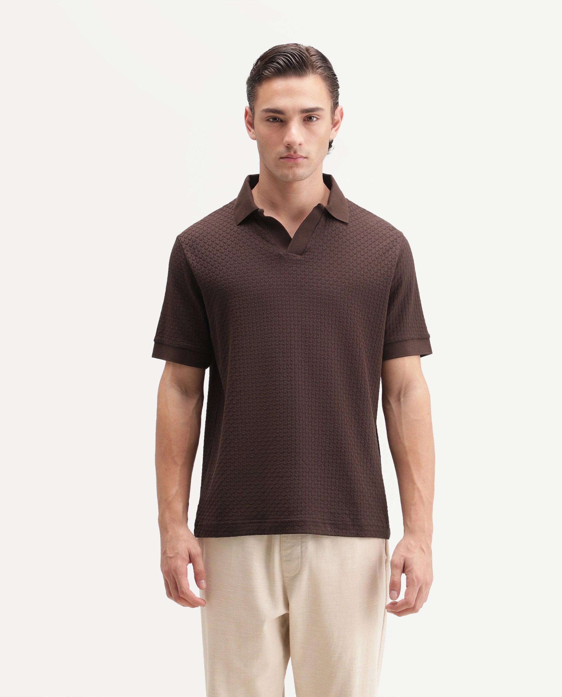 Rare Rabbit Men's Zegon Dark Brown Cotton Johnny Collar Regular Jacquard Polo