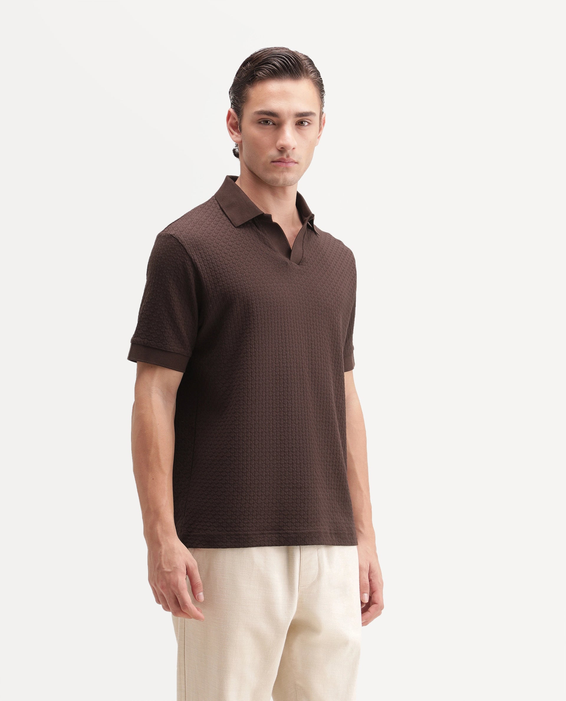 Rare Rabbit Men's Zegon Dark Brown Cotton Johnny Collar Regular Jacquard Polo