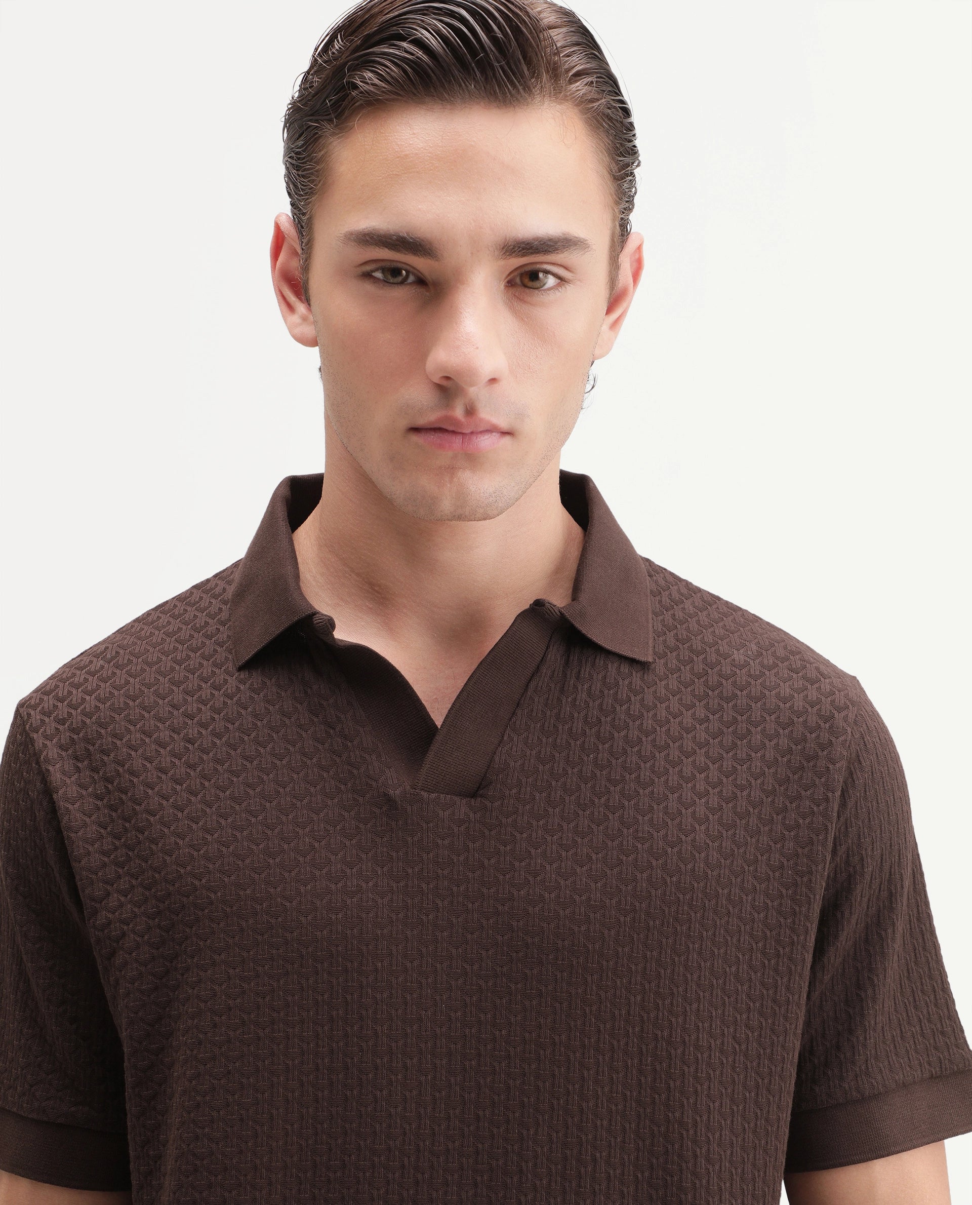 Rare Rabbit Men's Zegon Dark Brown Cotton Johnny Collar Regular Jacquard Polo