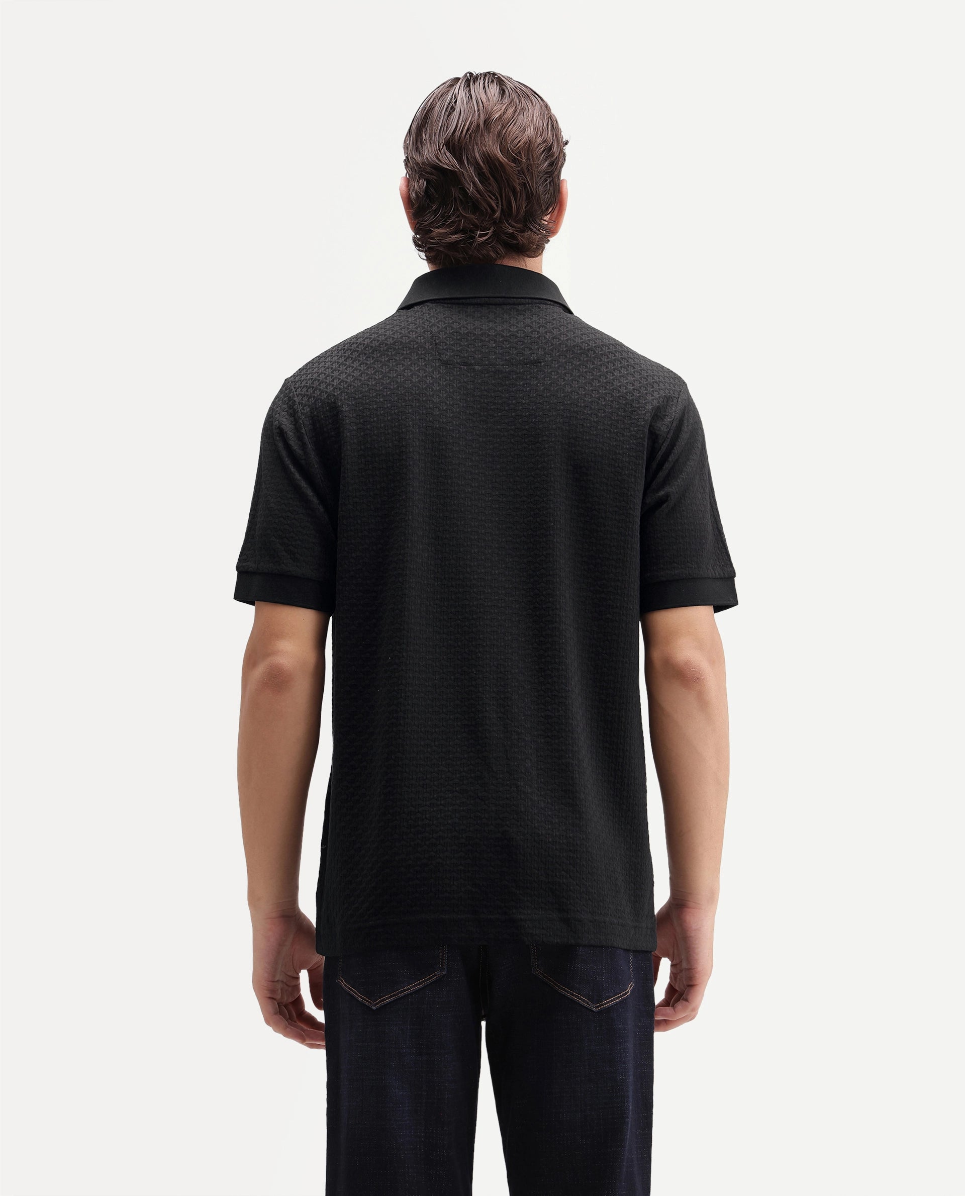 Rare Rabbit Men's Zegon Black Cotton Johnny Collar Regular Jacquard Polo