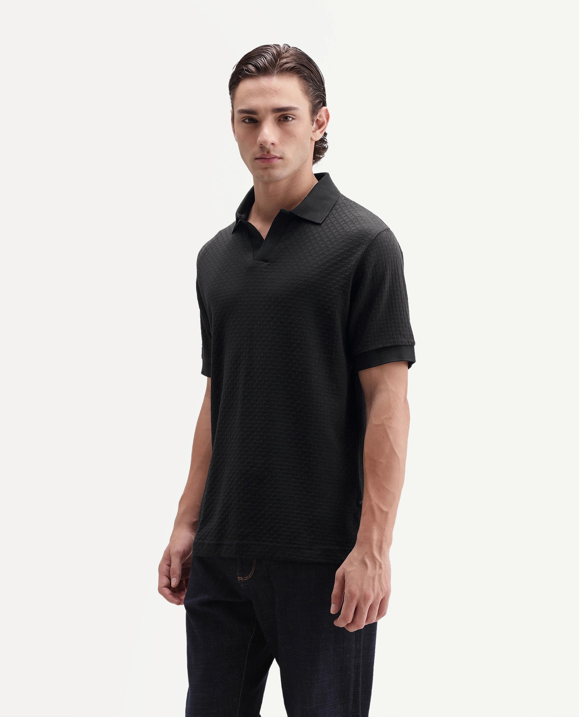 Rare Rabbit Men's Zegon Black Cotton Johnny Collar Regular Jacquard Polo