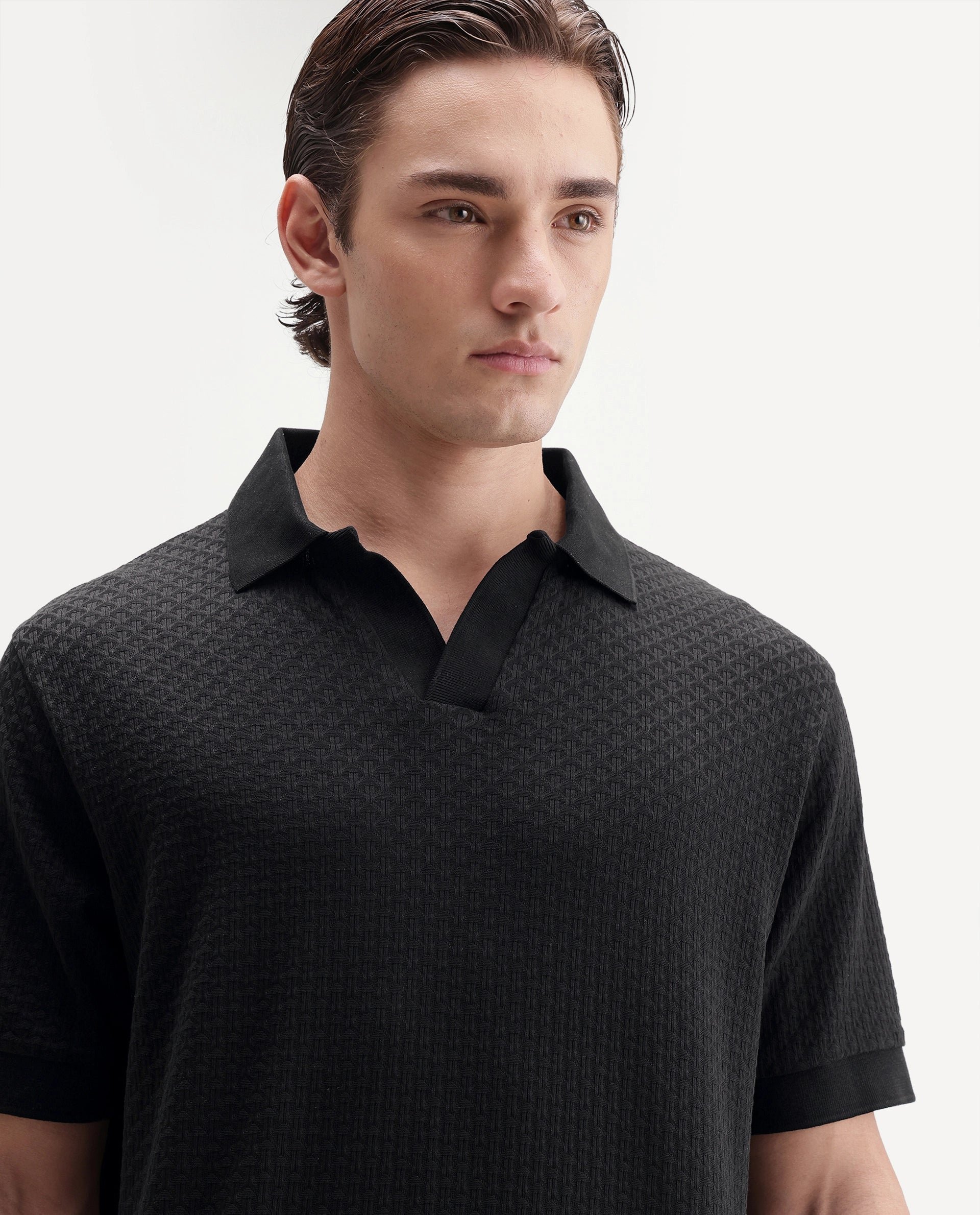 Rare Rabbit Men's Zegon Black Cotton Johnny Collar Regular Jacquard Polo