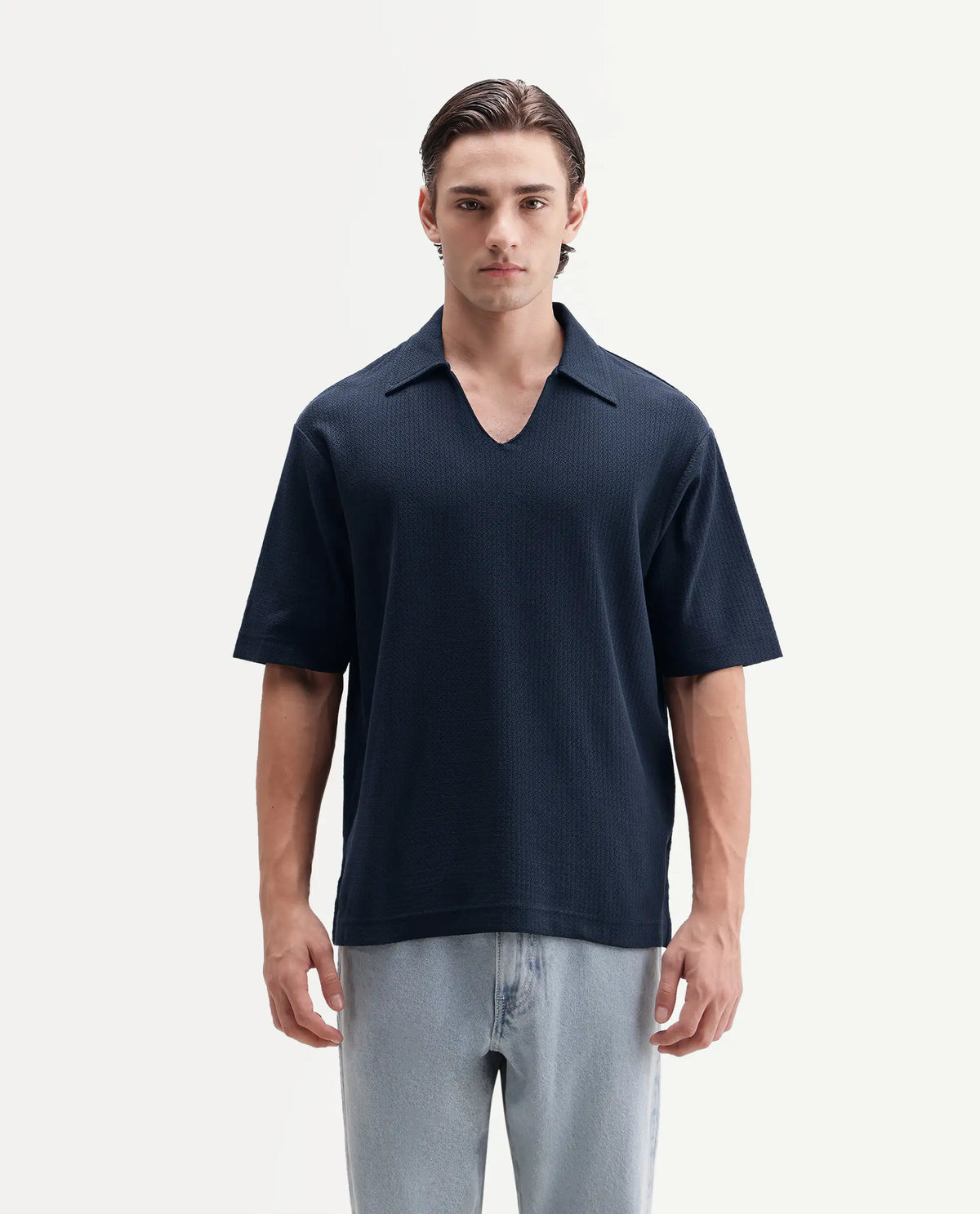 Rare Rabbit Men's Zent-A26 Navy Cotton Johnny Collar Regular Jacquard Polo