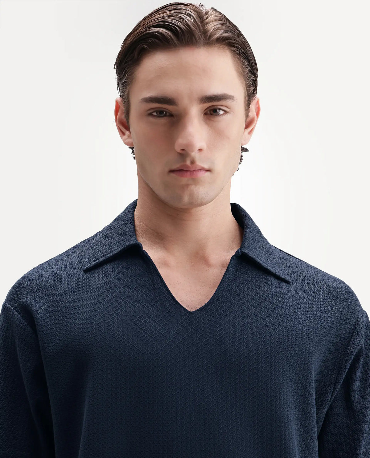 Rare Rabbit Men's Zent-A26 Navy Cotton Johnny Collar Regular Jacquard Polo