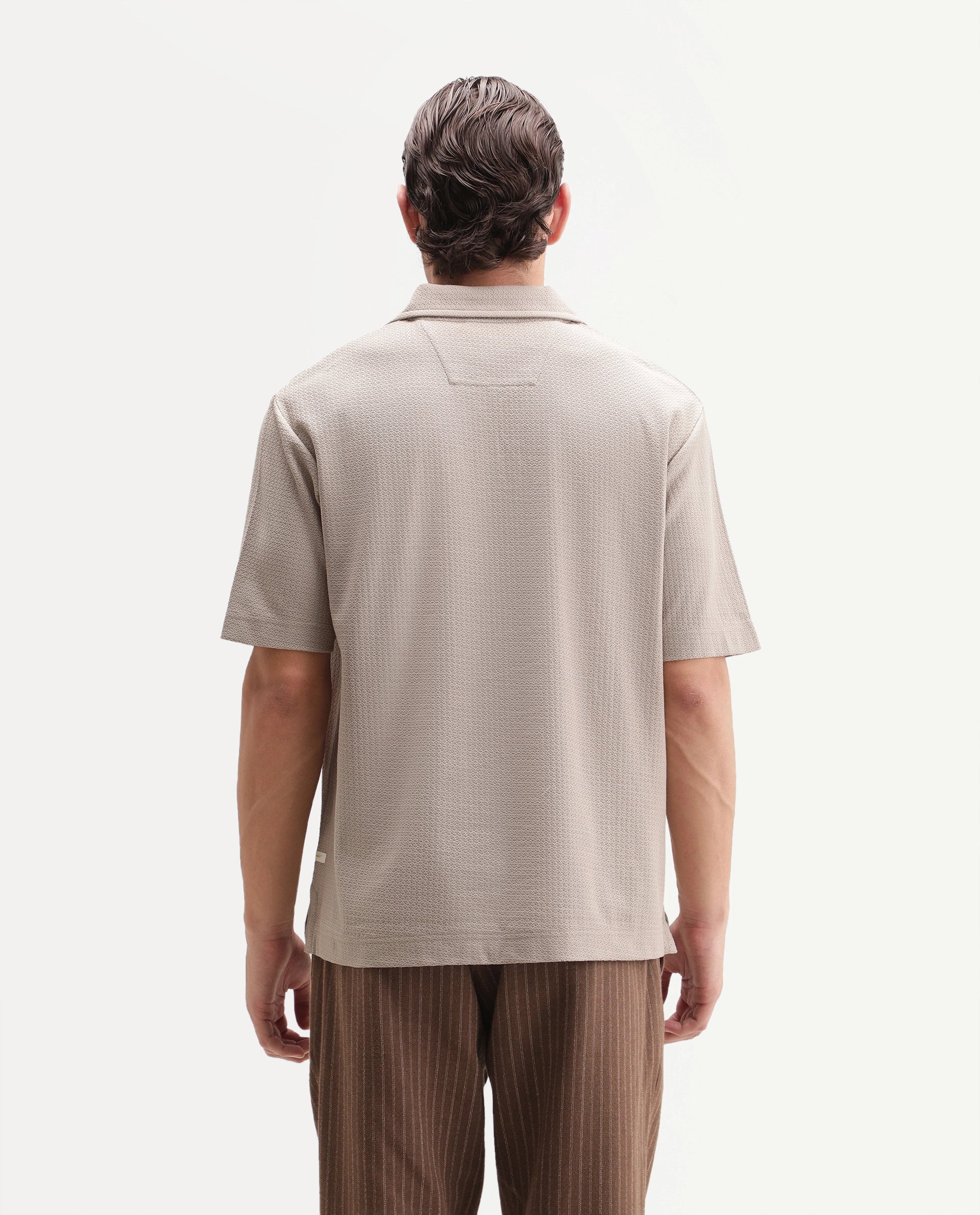 Rare Rabbit Men's Zent-A26 Beige Cotton Johnny Collar Regular Jacquard Polo