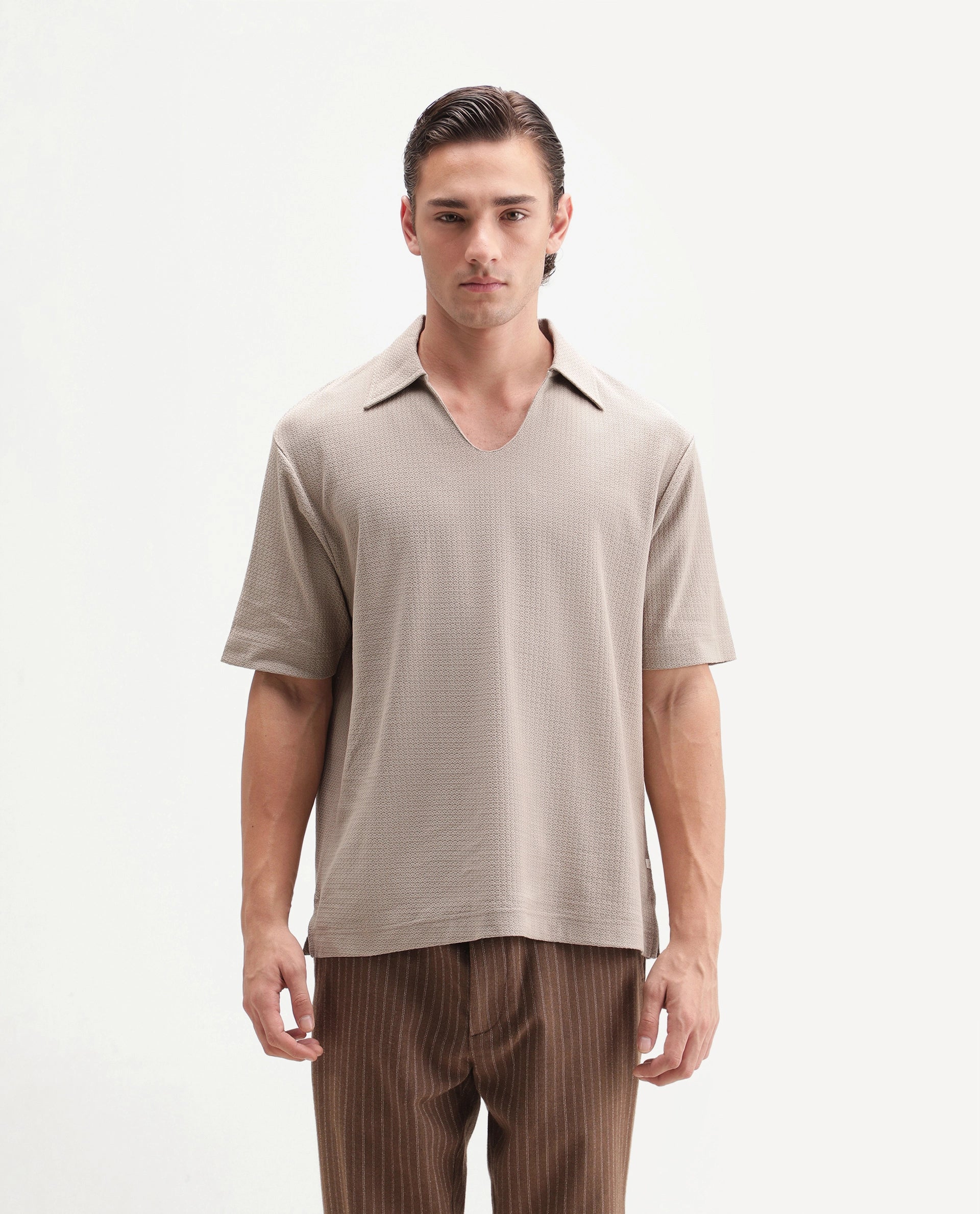 Rare Rabbit Men's Zent-A26 Beige Cotton Johnny Collar Regular Jacquard Polo