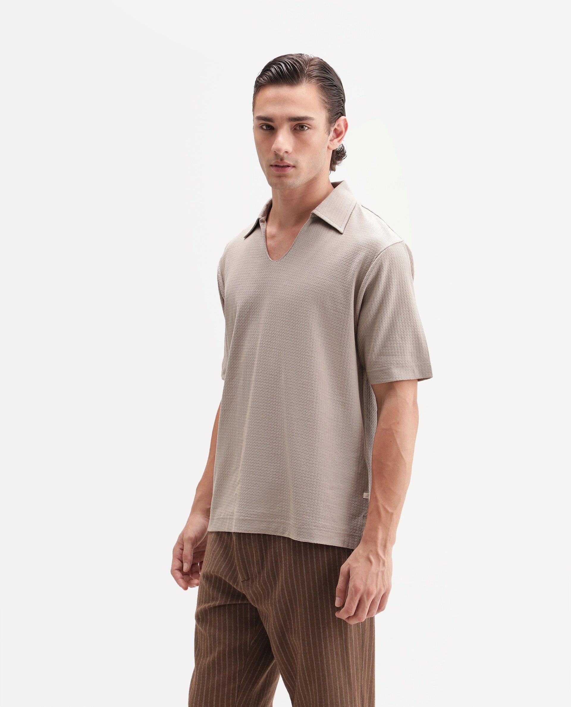 Rare Rabbit Men's Zent-A26 Beige Cotton Johnny Collar Regular Jacquard Polo
