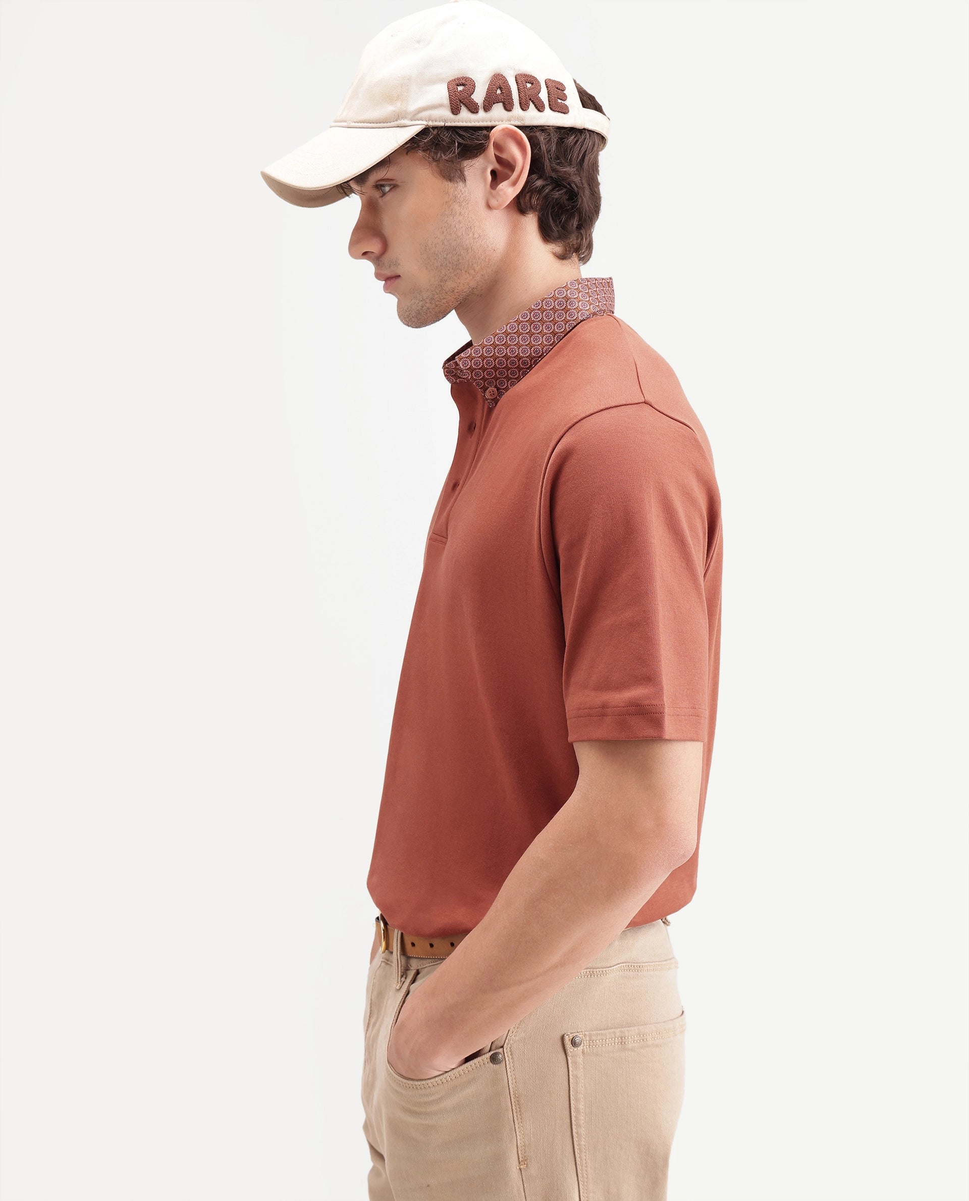 Rare Rabbit Men's Ringer-A26 Rust Cotton Spread Collar Regular Plain Polo