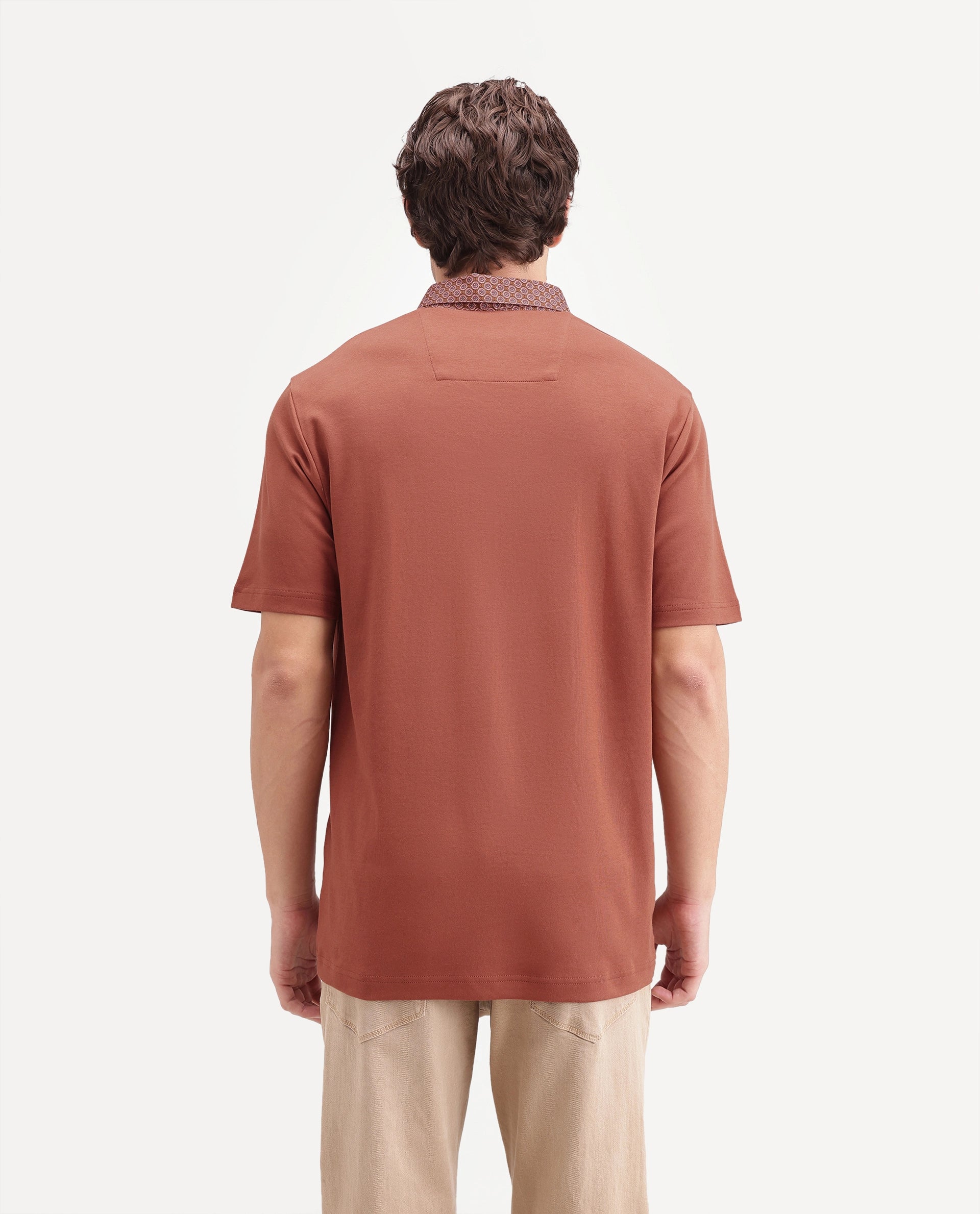 Rare Rabbit Men's Ringer-A26 Rust Cotton Spread Collar Regular Plain Polo
