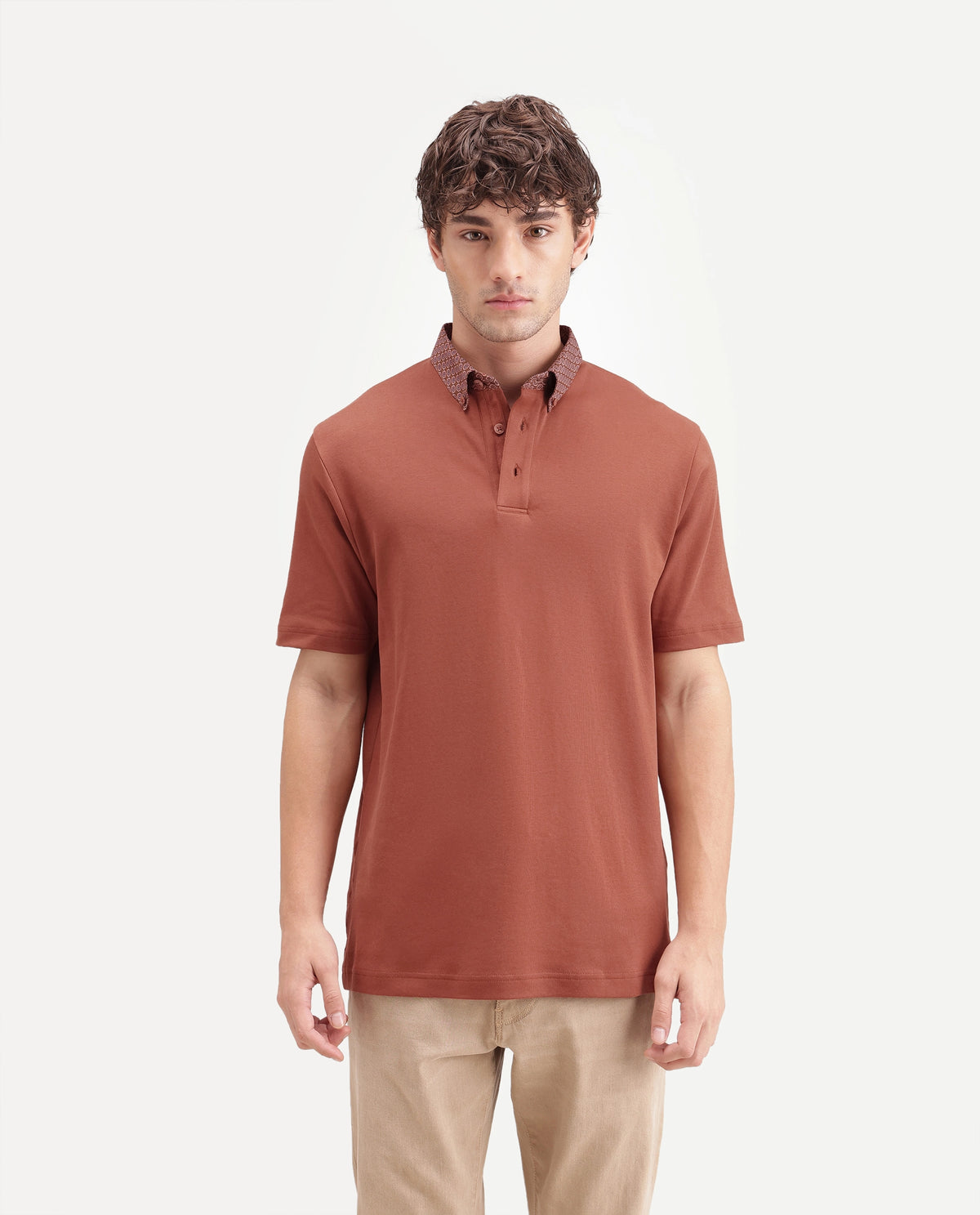 Rare Rabbit Men's Ringer-A26 Rust Cotton Spread Collar Regular Plain Polo
