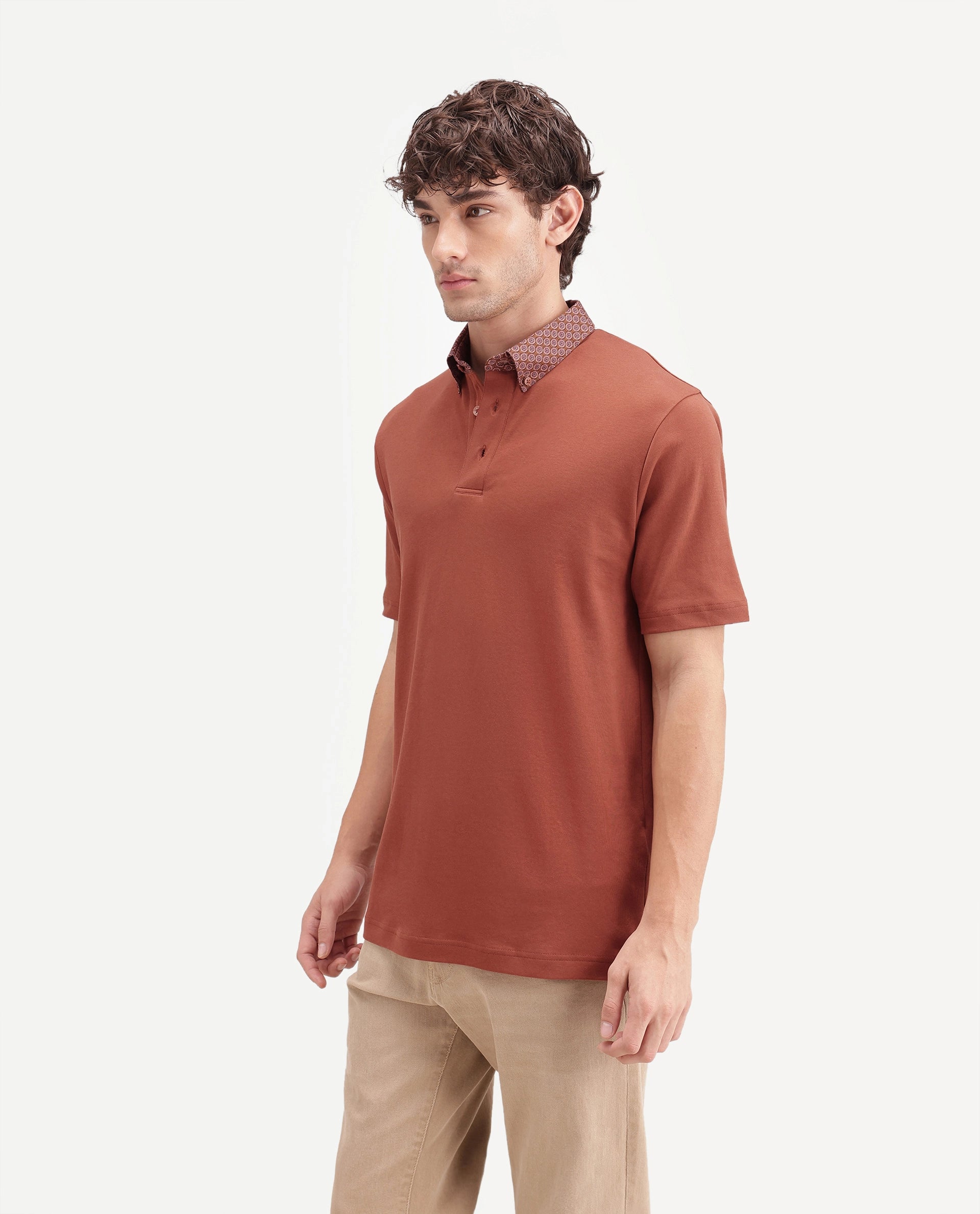 Rare Rabbit Men's Ringer-A26 Rust Cotton Spread Collar Regular Plain Polo